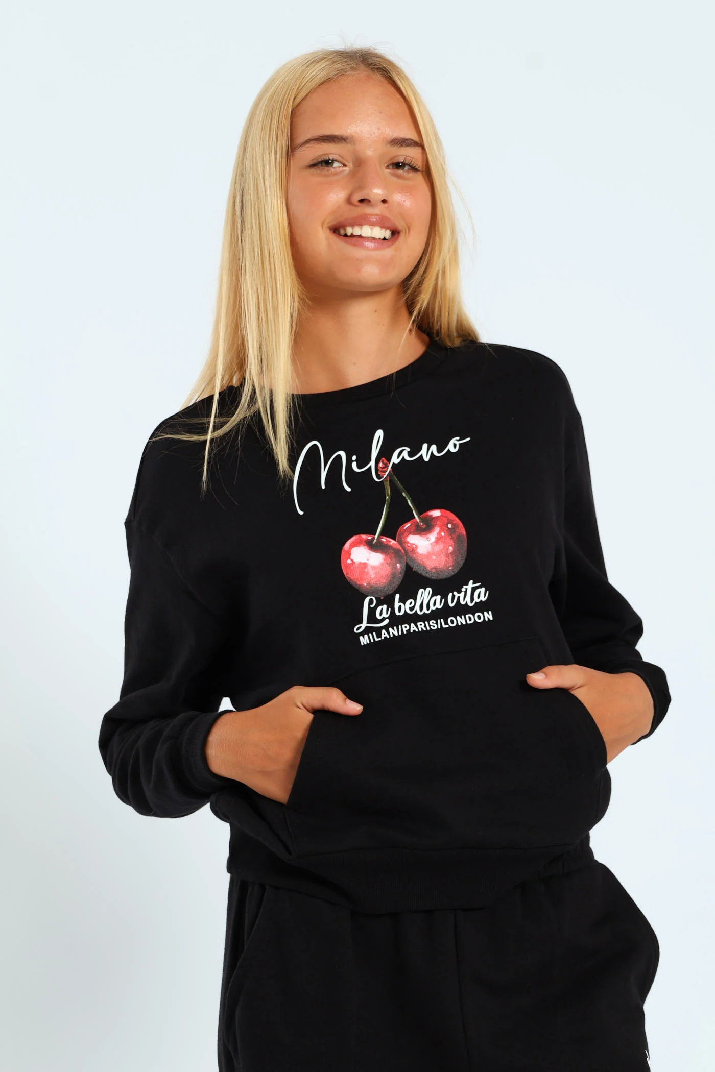 Girls Cherry Fleece Crew Top - Black - Image 2