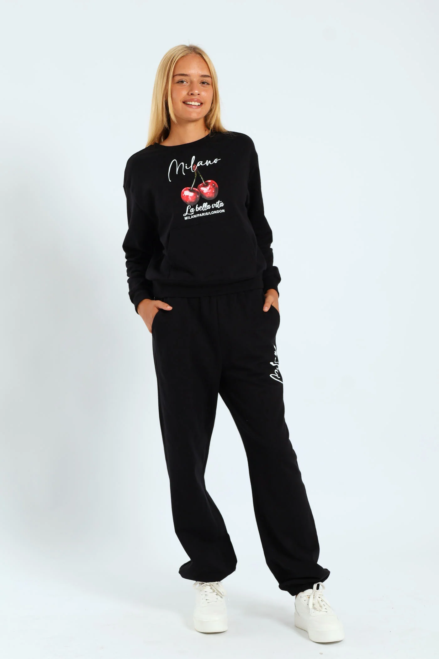 Girls Cherry Fleece Crew Top - Black - Image 5