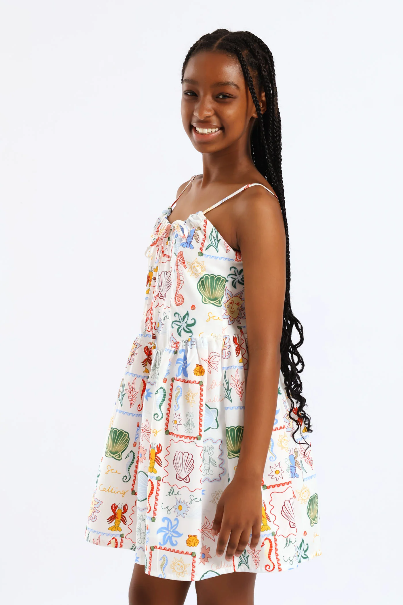 Girls Coastal Pt Fit & Flare Strappy Summer Dress - White - Image 2