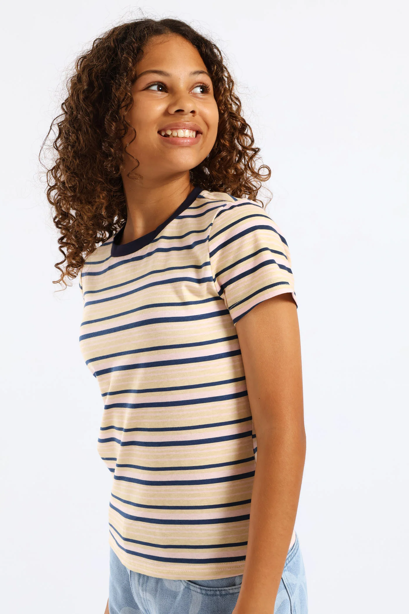 Girls Collared Striped Cotton Lycra Tee - Light Pink/Navy - Image 3