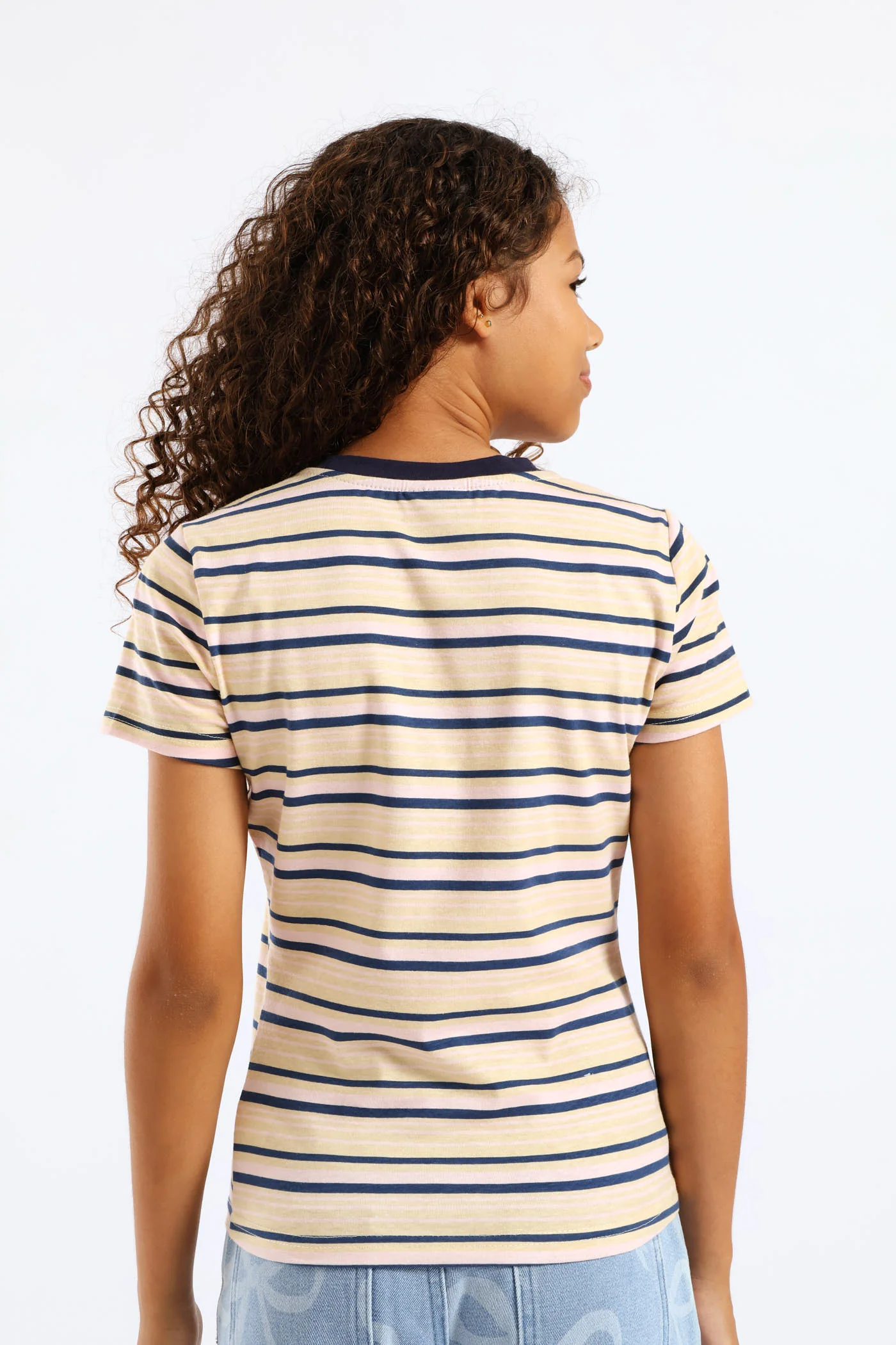 Girls Collared Striped Cotton Lycra Tee - Light Pink/Navy - Image 4