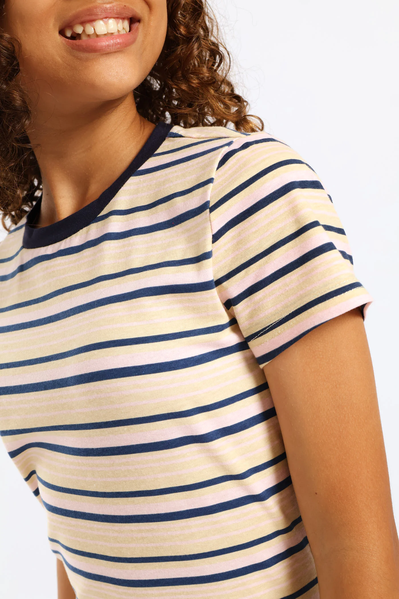 Girls Collared Striped Cotton Lycra Tee - Light Pink/Navy - Image 5