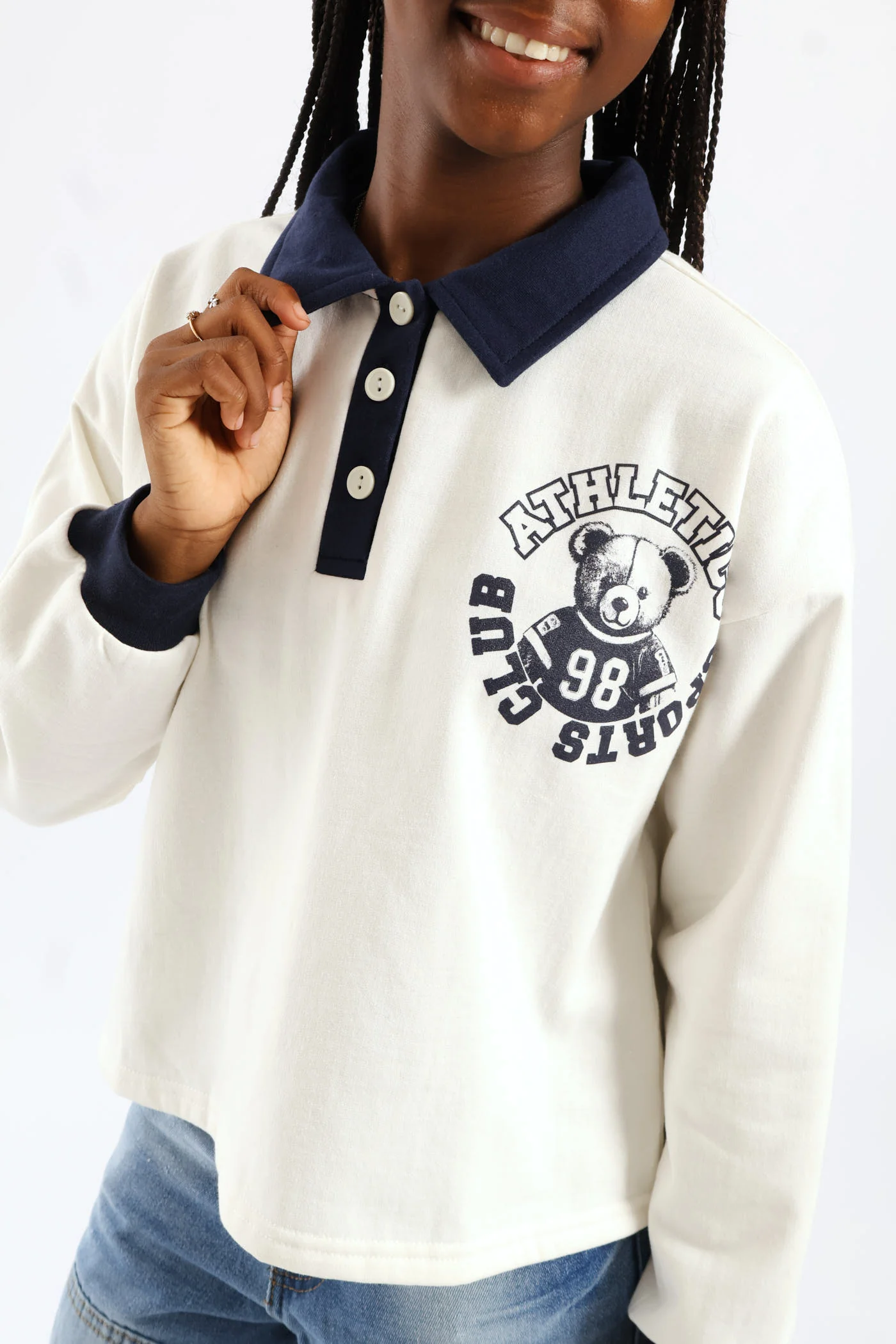 Girls College Contrast Pullover - Cream/Navy - Image 2