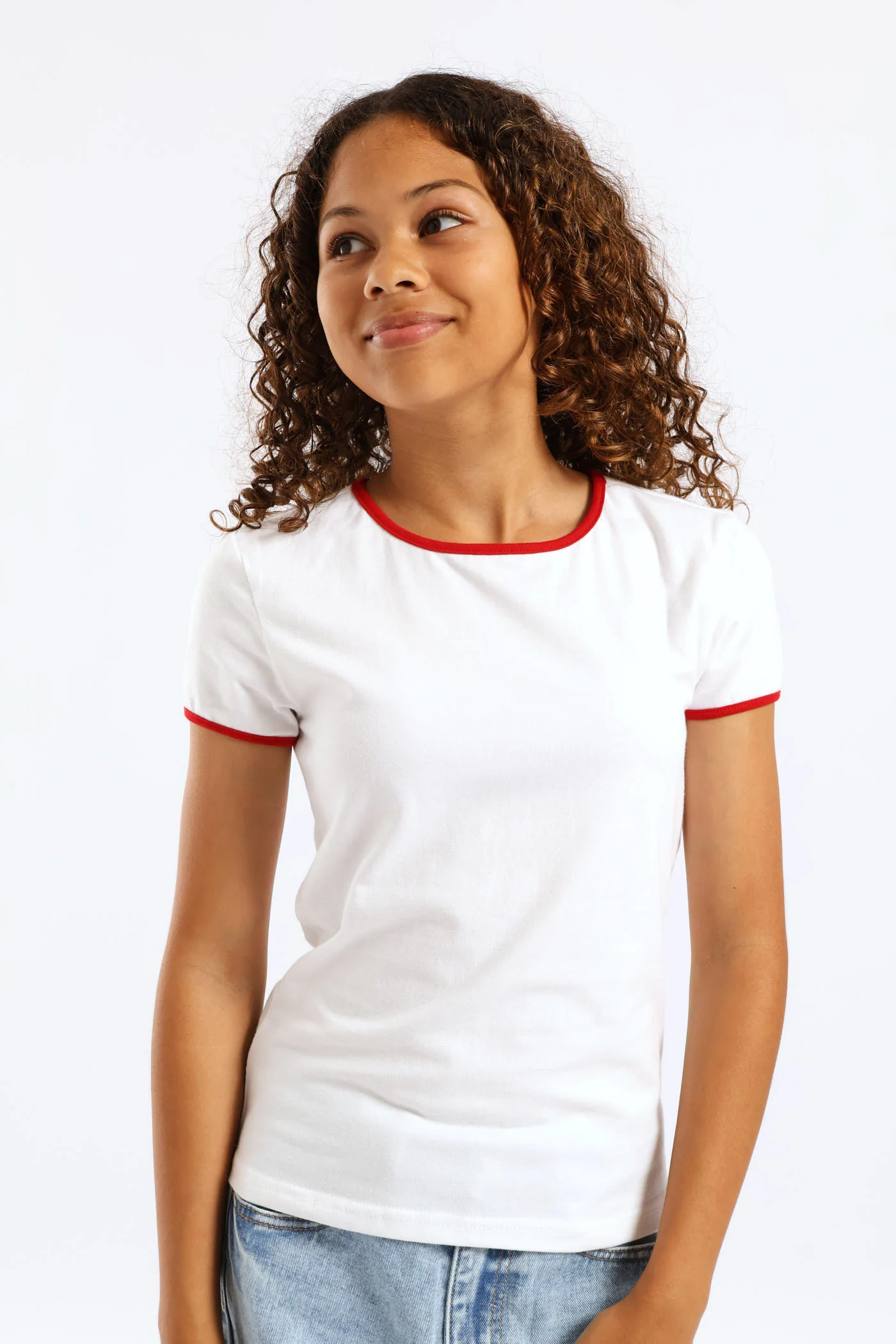 Girls Contrast Bound Basic Tee - White - Image 2