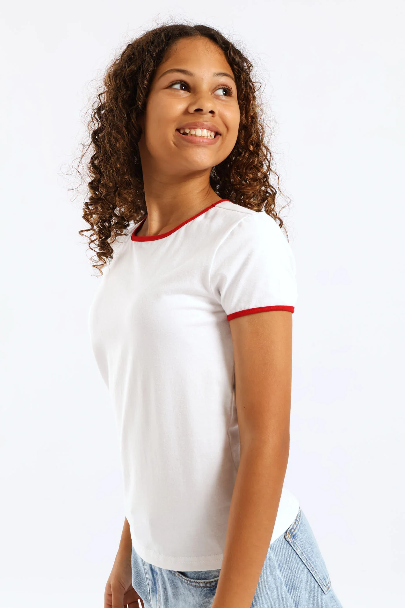 Girls Contrast Bound Basic Tee - White - Image 3