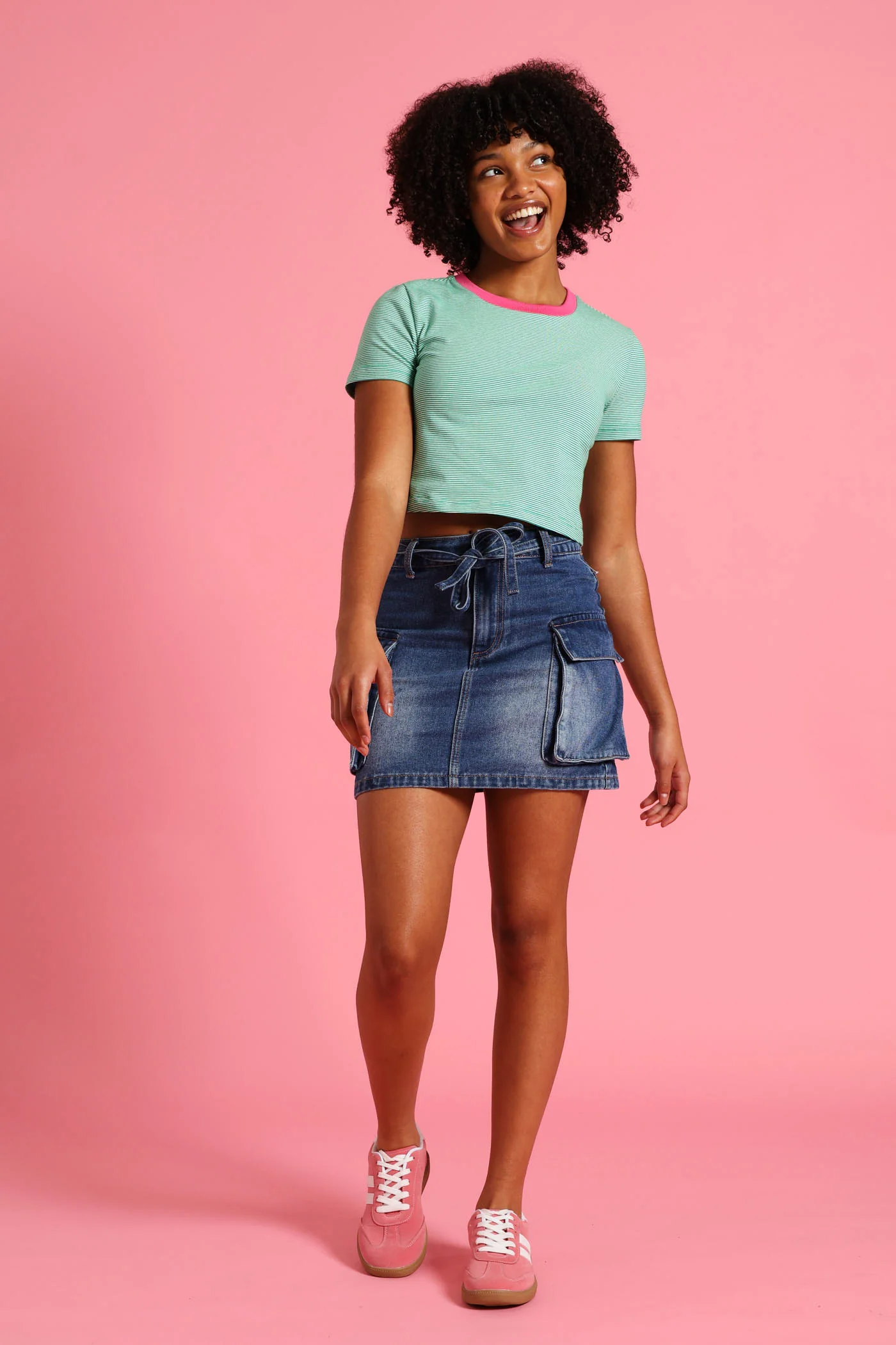 Girls Contrast Collar Basic Tee - White/Green - Image 2