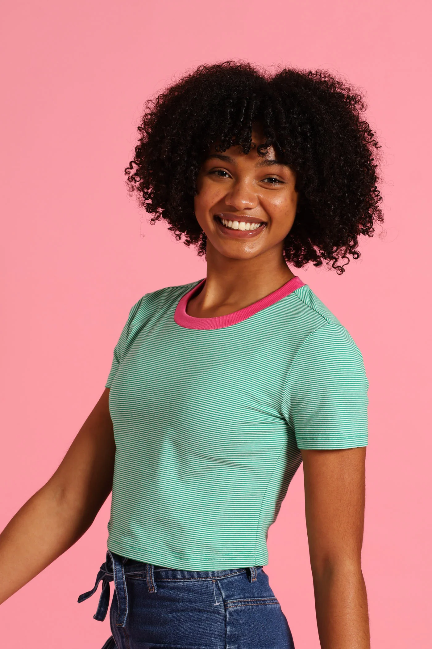 Girls Contrast Collar Basic Tee - White/Green - Image 3