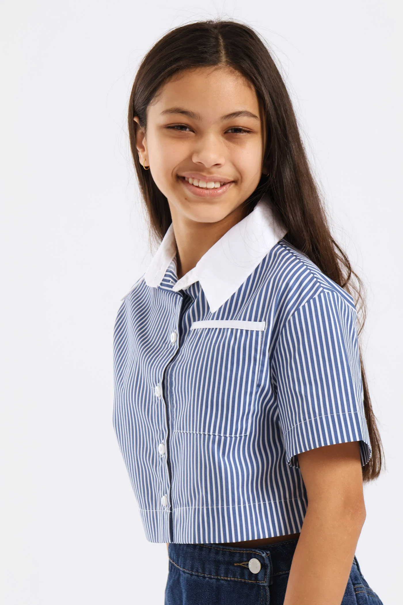 Girls Contrast Collar Cropped Shirt - Blue - Image 2