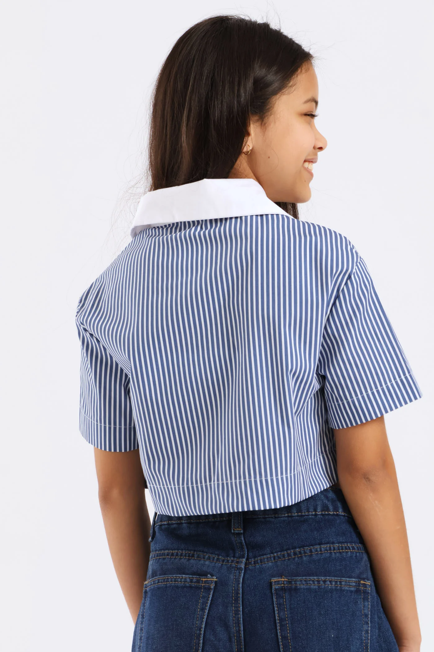 Girls Contrast Collar Cropped Shirt - Blue - Image 3