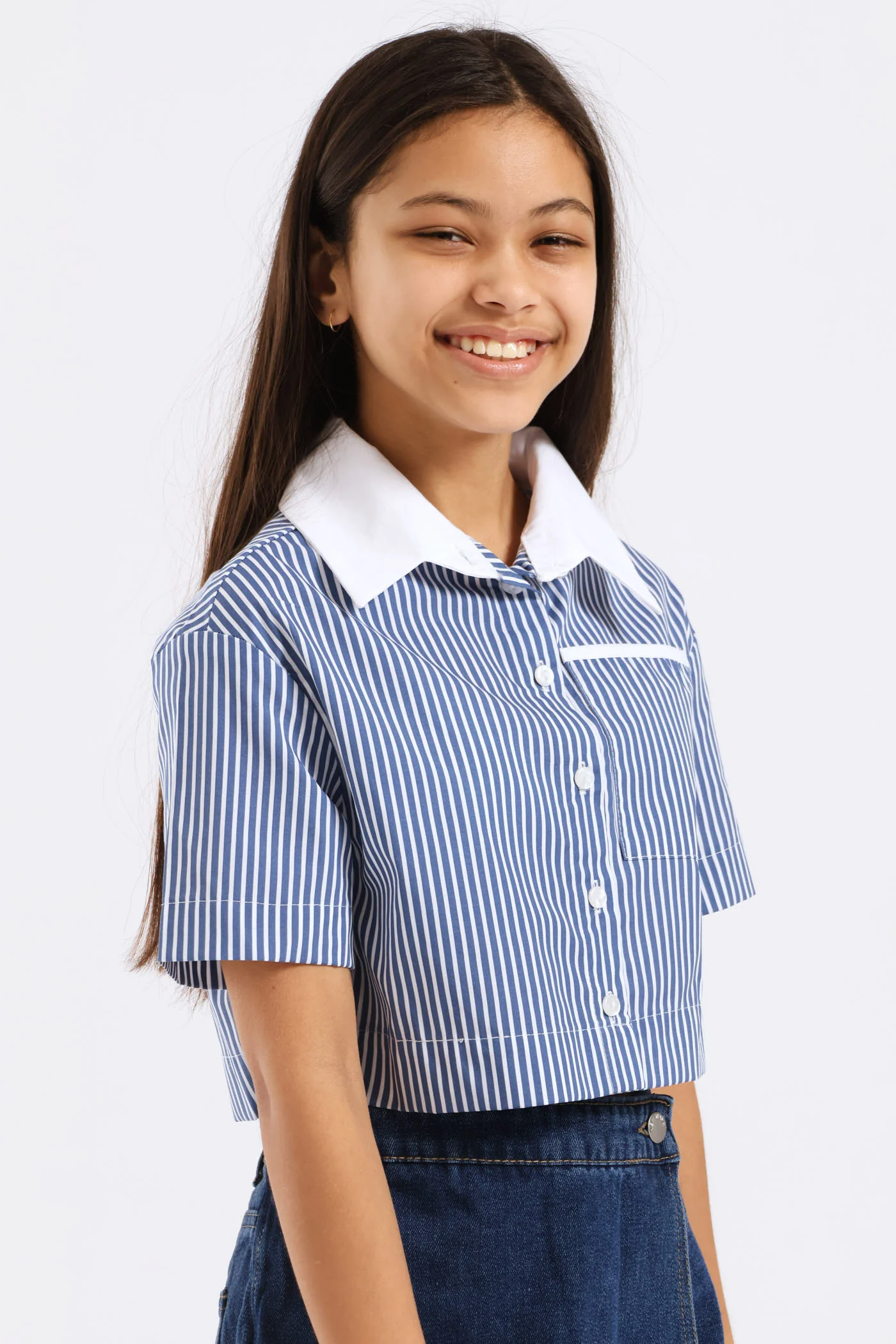 Girls Contrast Collar Cropped Shirt - Blue - Image 5