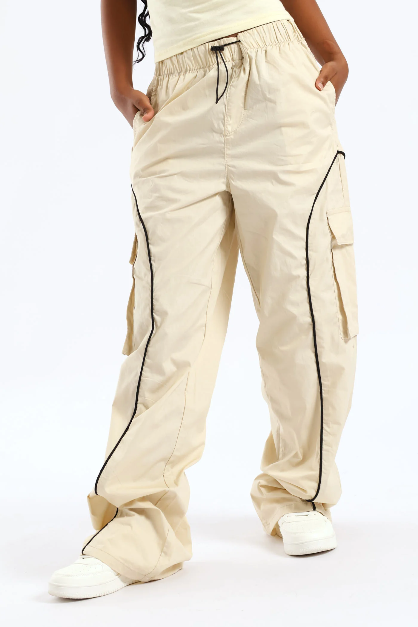 Girls Contrast Pipping Detail Cargo Pant - Stone - Image 2