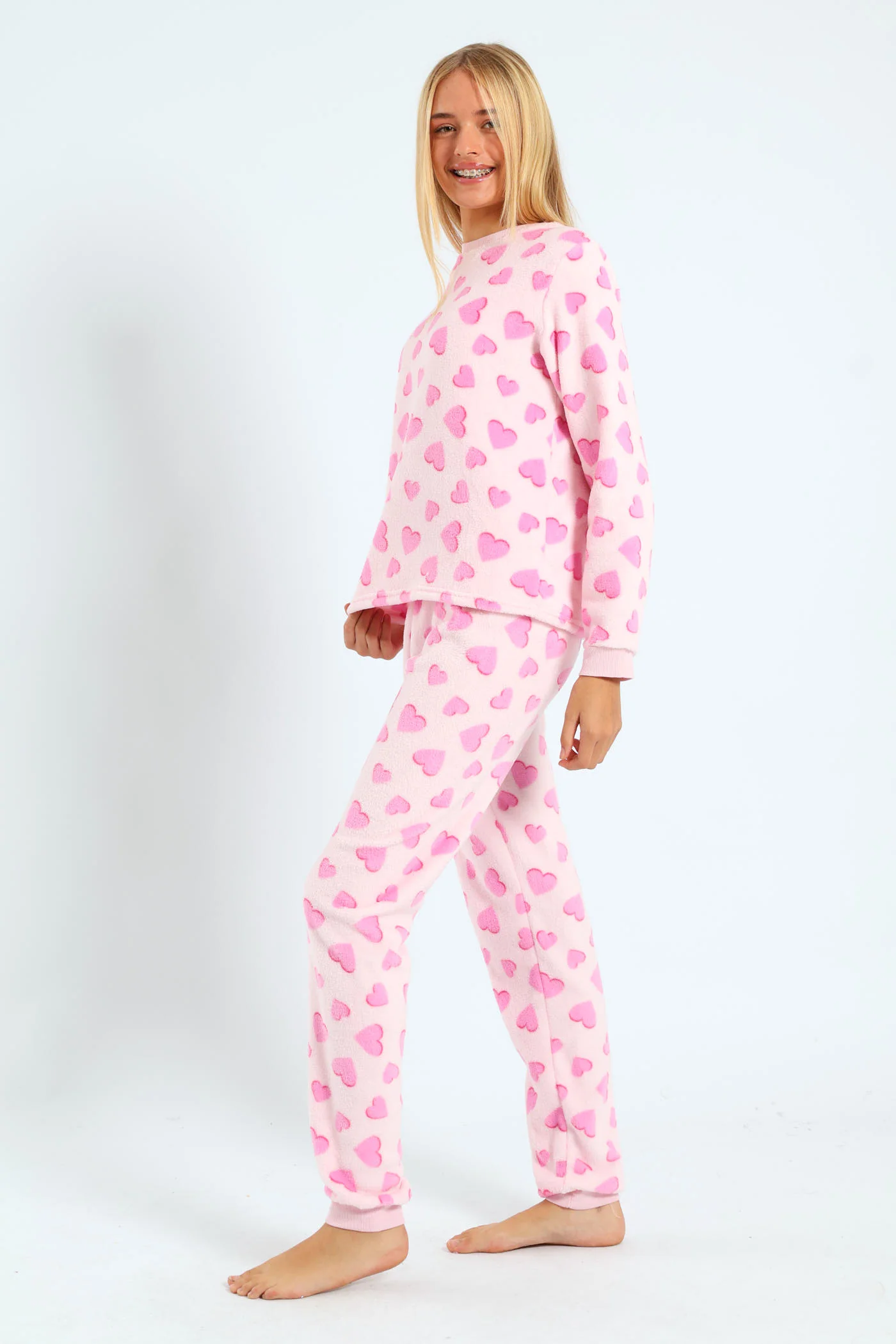 Girls Coral Fleece Strawberries & Hearts Sleep Set - Pink - Image 2
