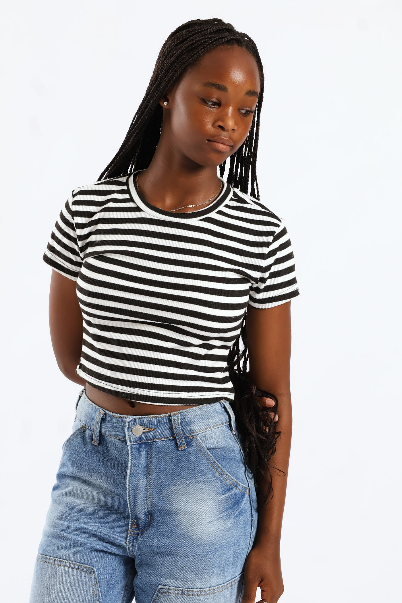 Girls Cotton Lycra Stripe Basic Tee - Black/Cream - Image 2