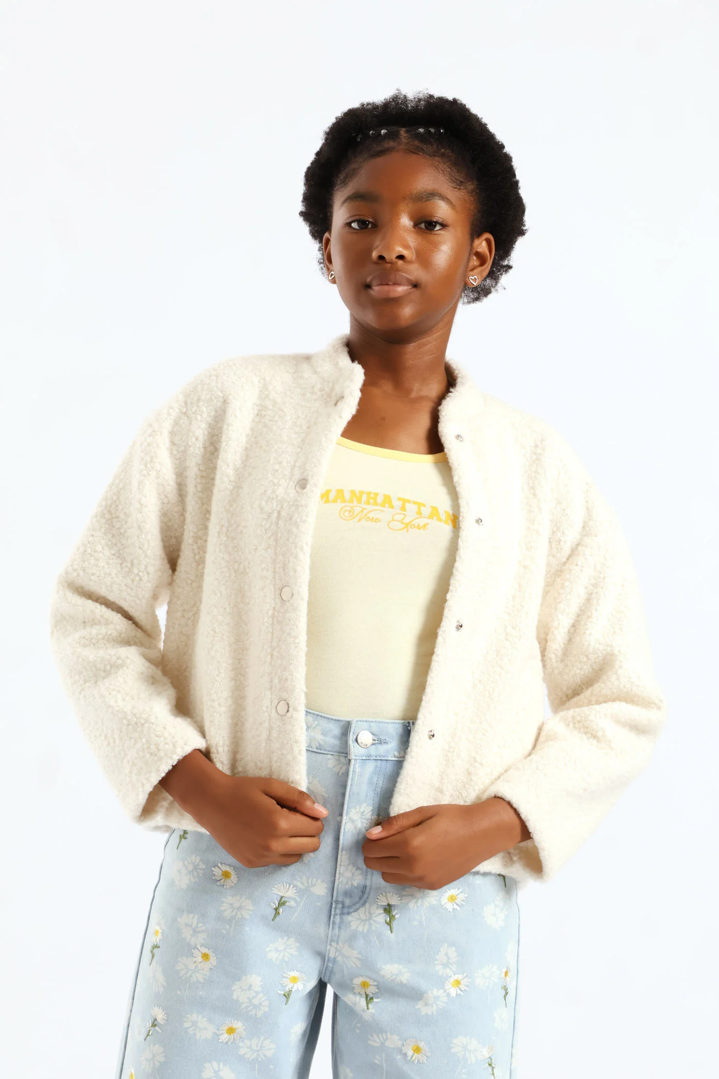 Girls Curly Melton Bomber Jacket - Cream - Image 3