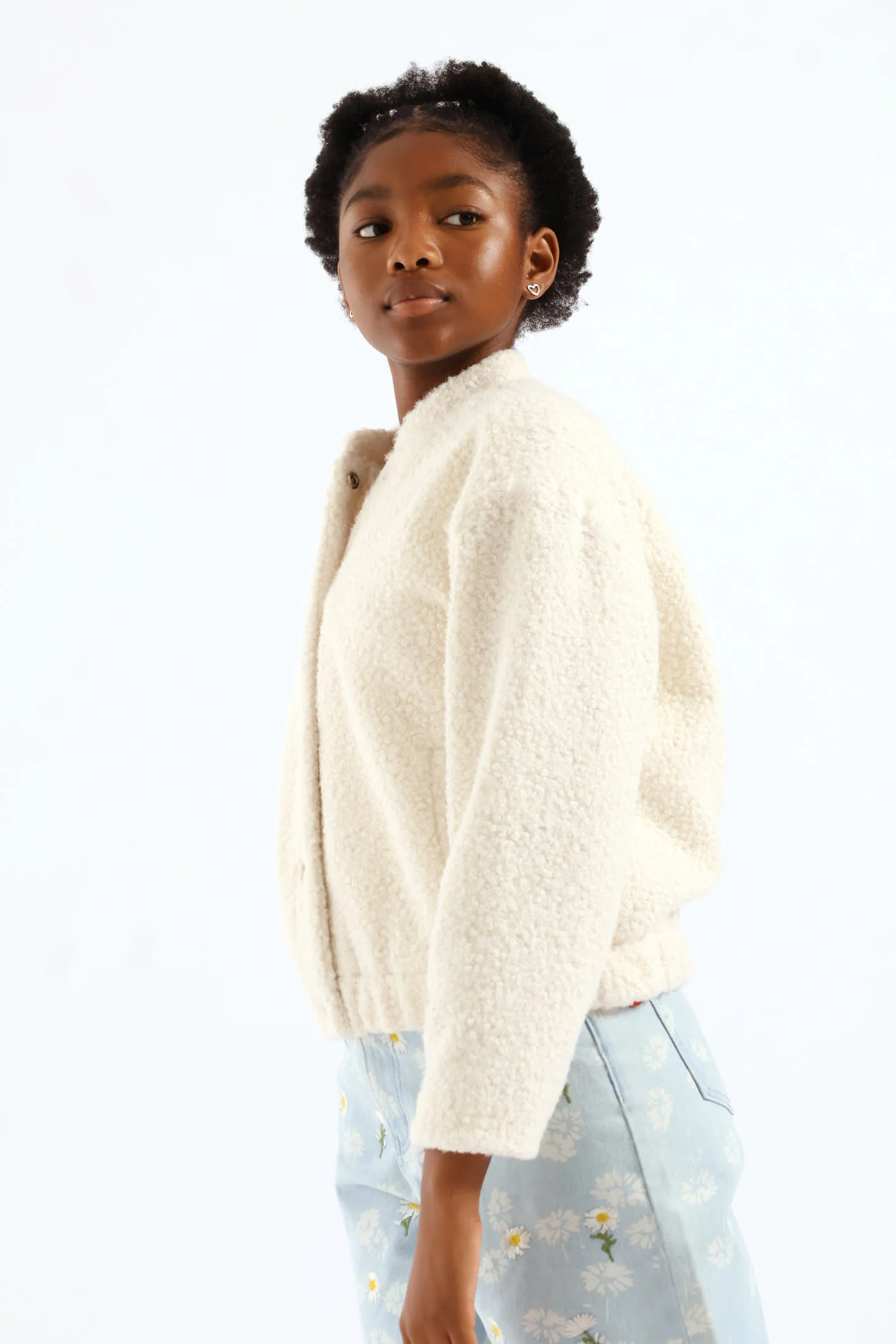 Girls Curly Melton Bomber Jacket - Cream - Image 4