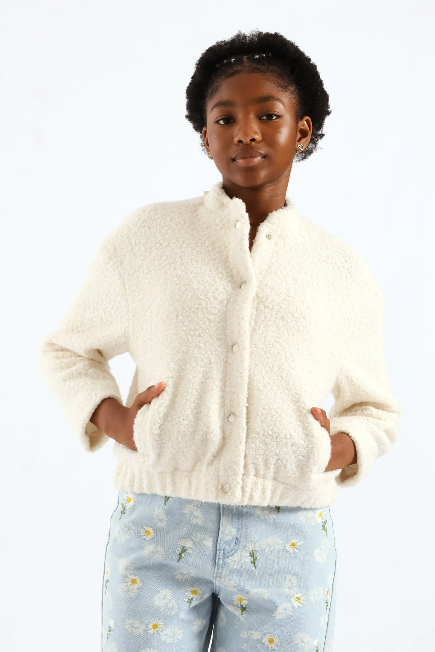 Girls Curly Melton Bomber Jacket - Cream - Image 5