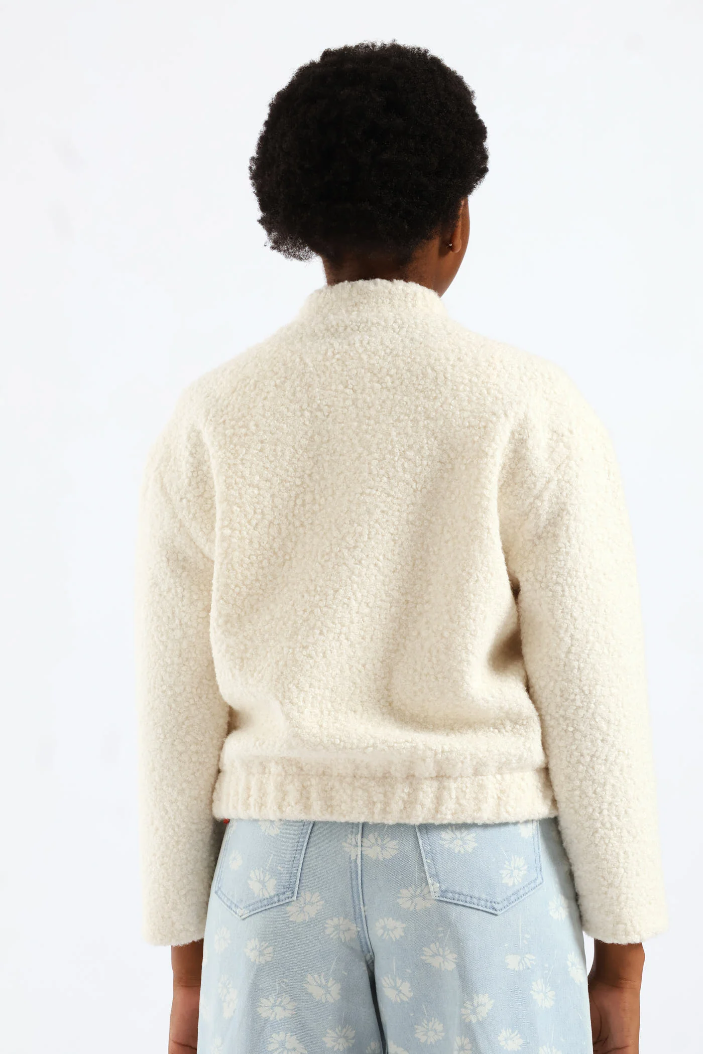 Girls Curly Melton Bomber Jacket - Cream - Image 6