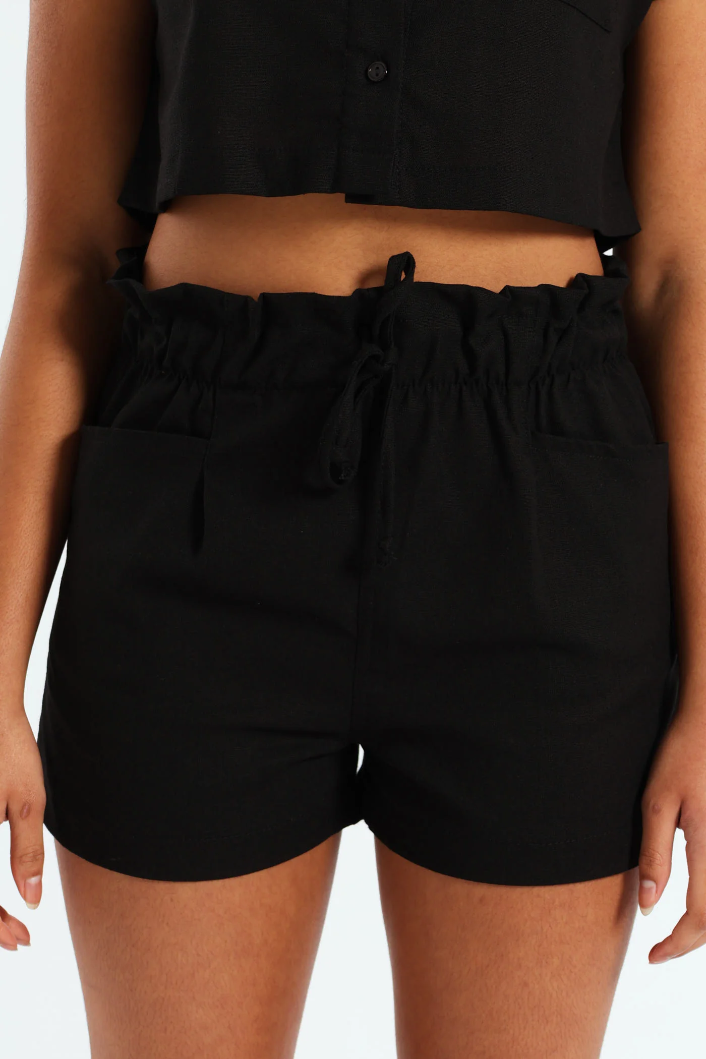 Girls Deep Pocket Linen Shorts - Black - Image 3