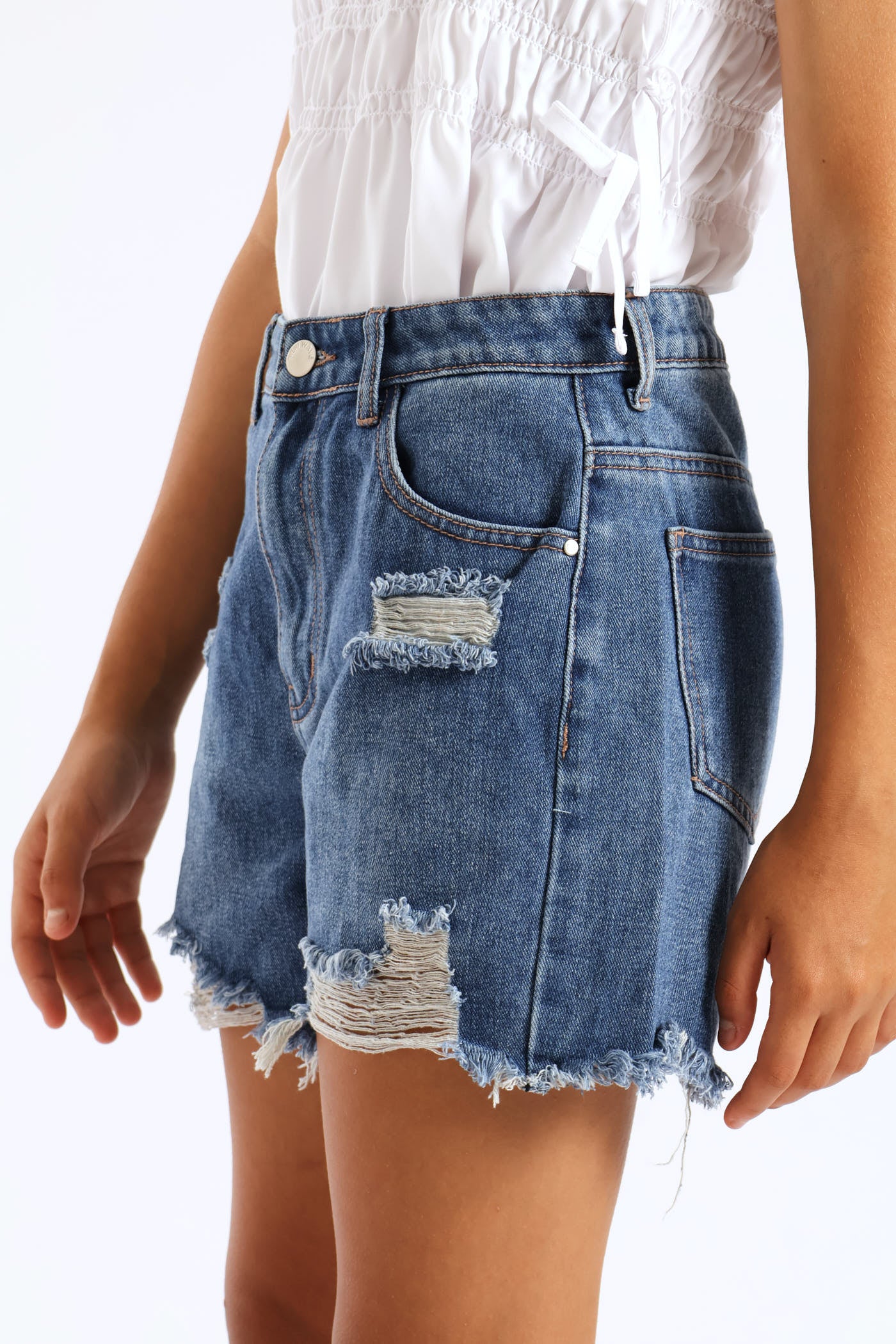 Girls Denim Cheeky Shorts - Mid Wash - Image 3