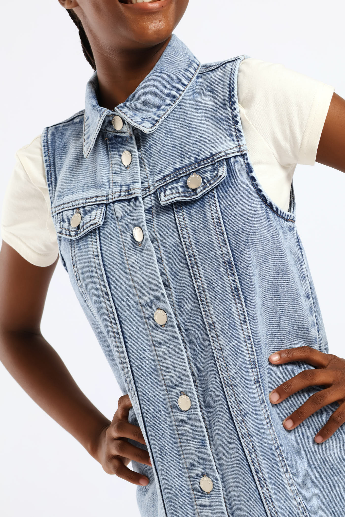 Girls Denim Collared Panel Detail Dress - Mid Blue - Image 2