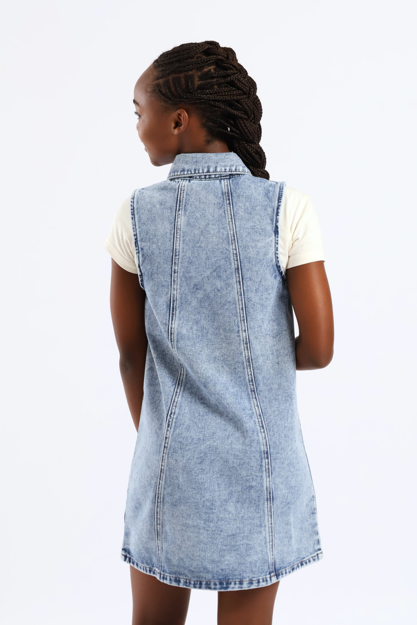 Girls Denim Collared Panel Detail Dress - Mid Blue - Image 4
