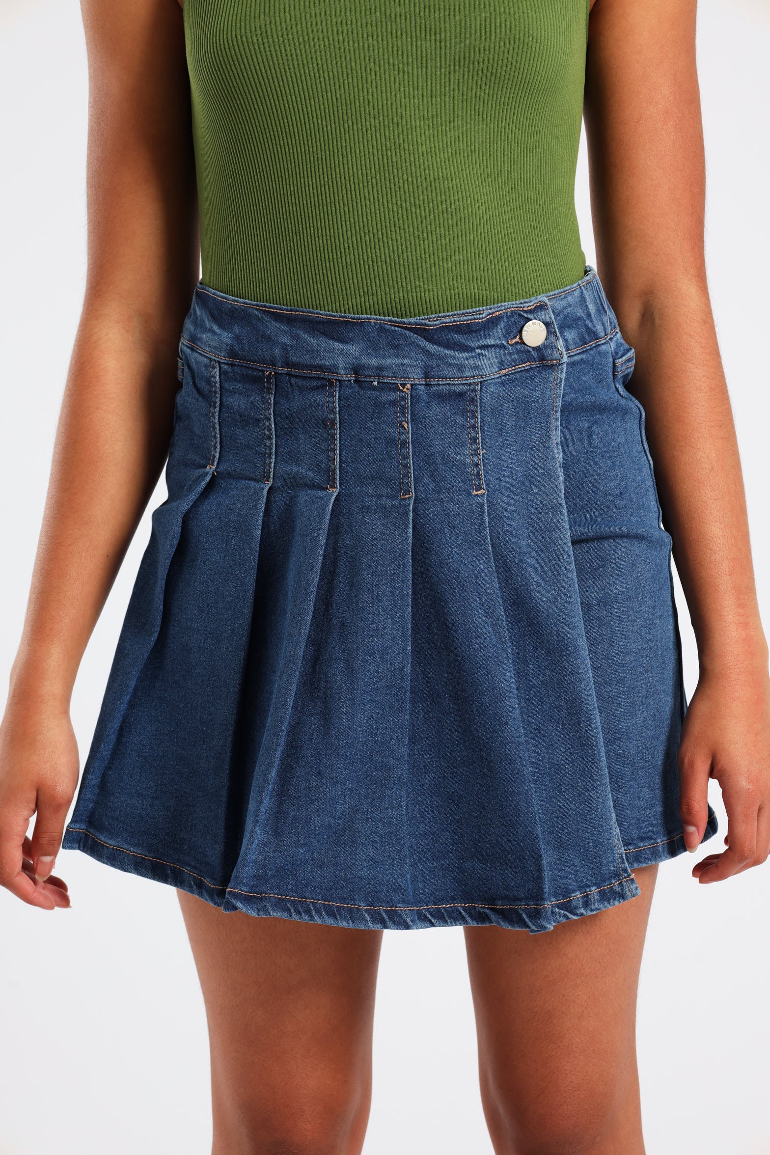 Girls Denim Pleated Skort - Mid Wash - Image 2