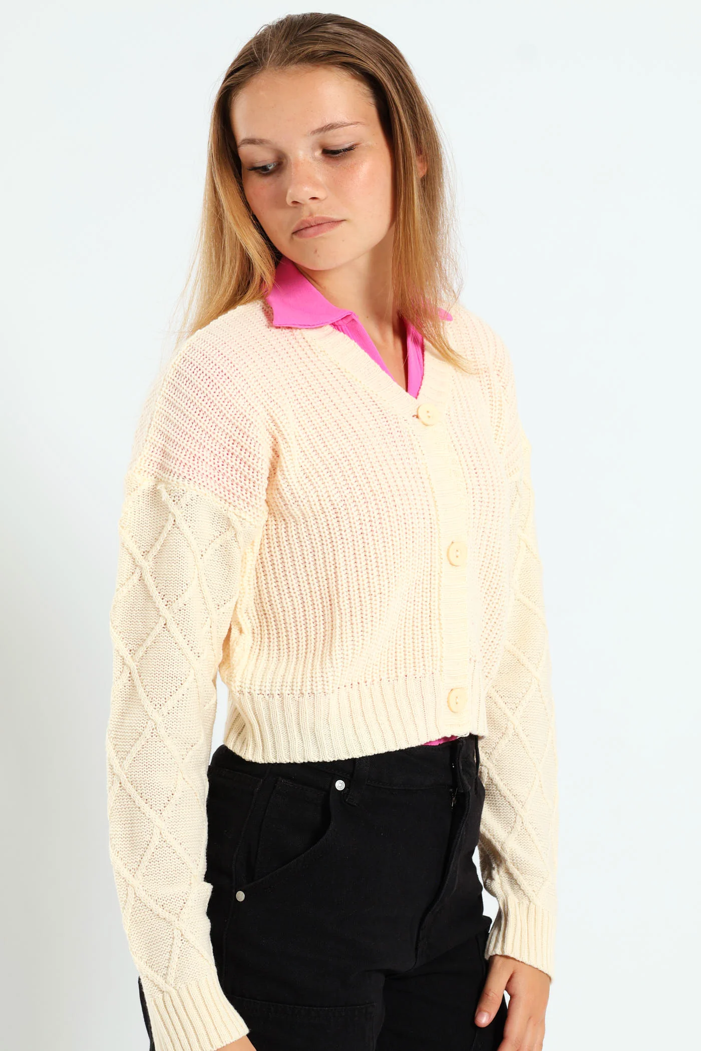 Girls Diamond Cardigan - Cream - Image 3