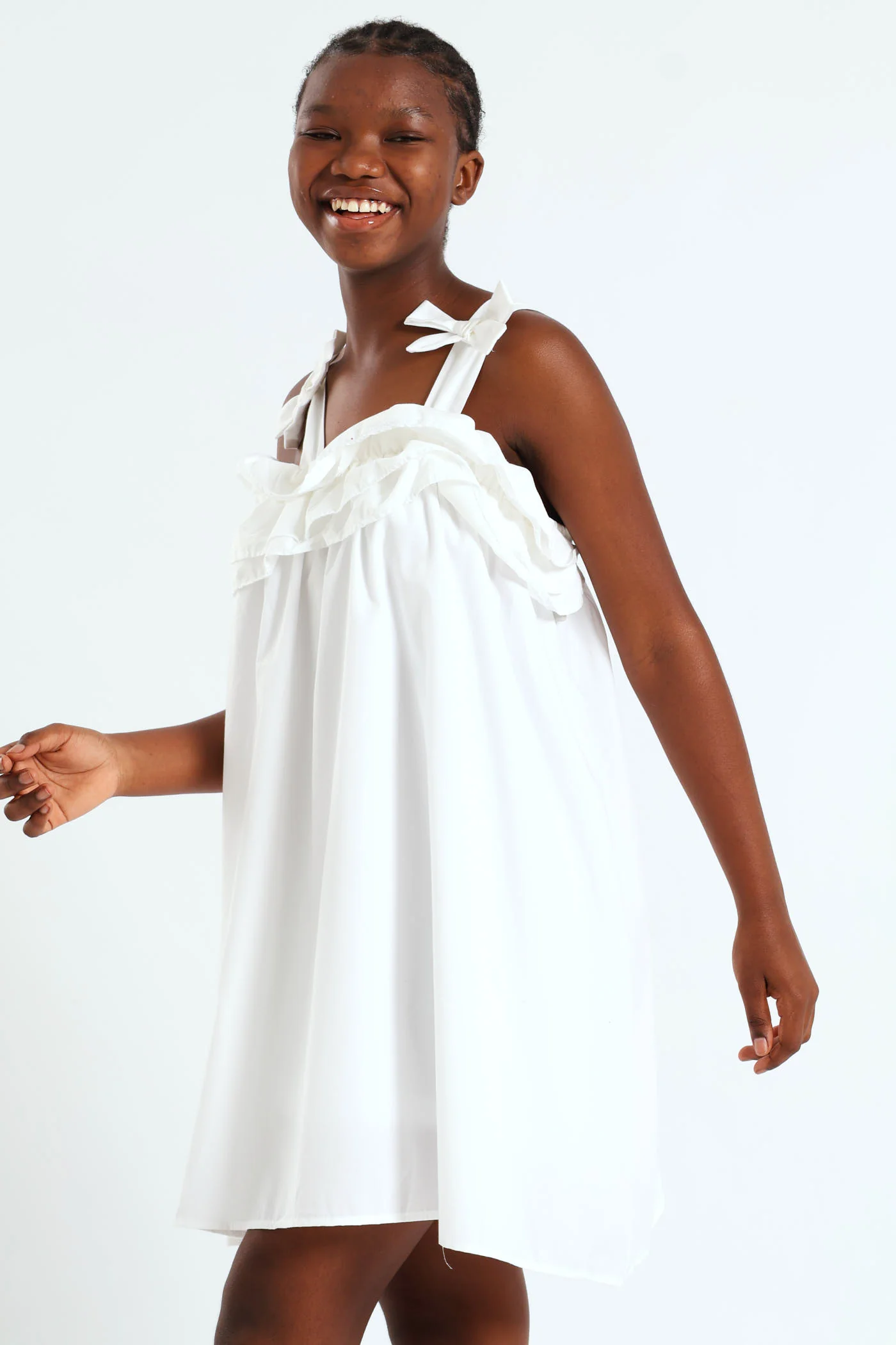 Girls Double Frill Bow Dress - White - Image 2