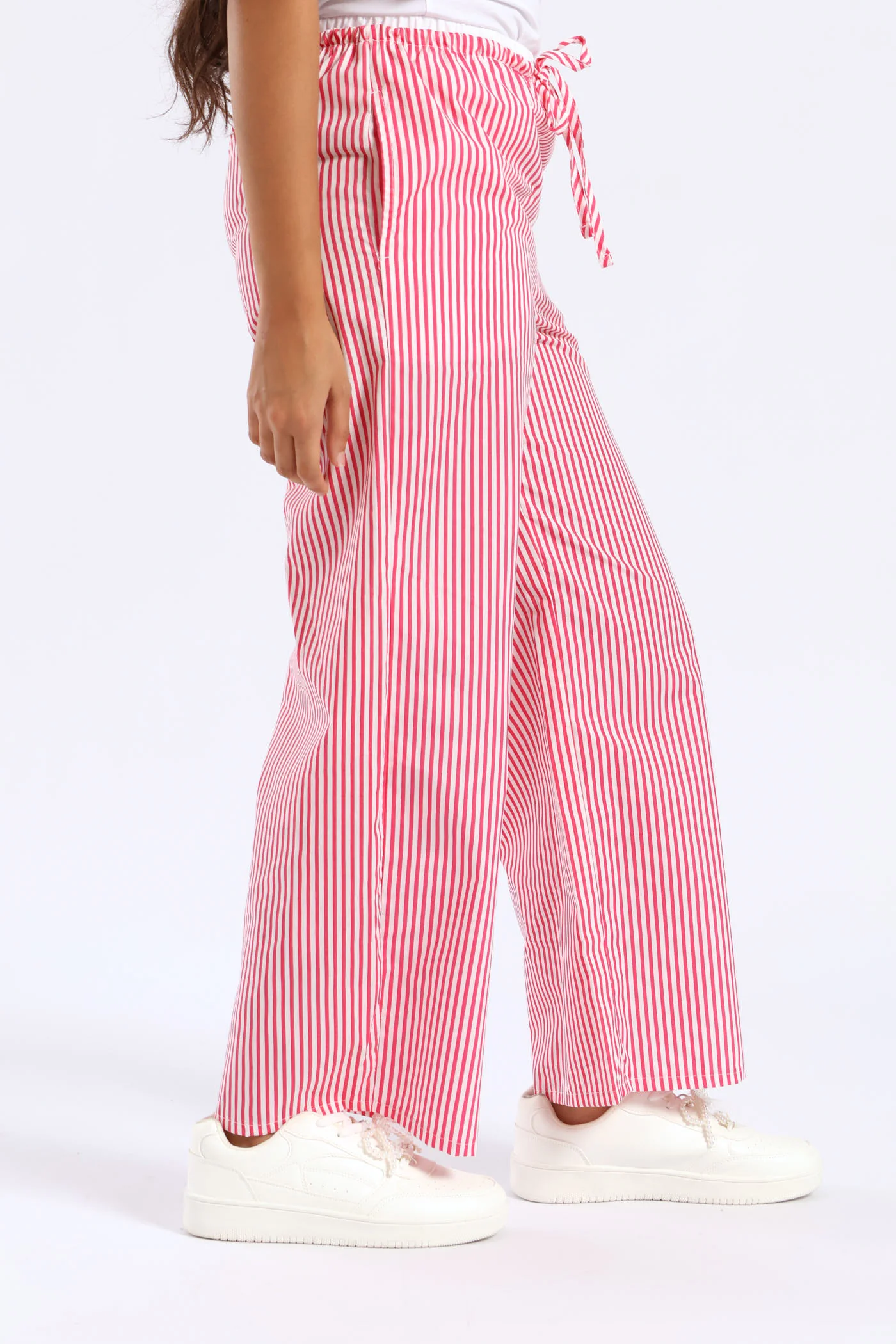Girls Double Waistband Stripe Wideleg Pant - White/Pink - Image 2
