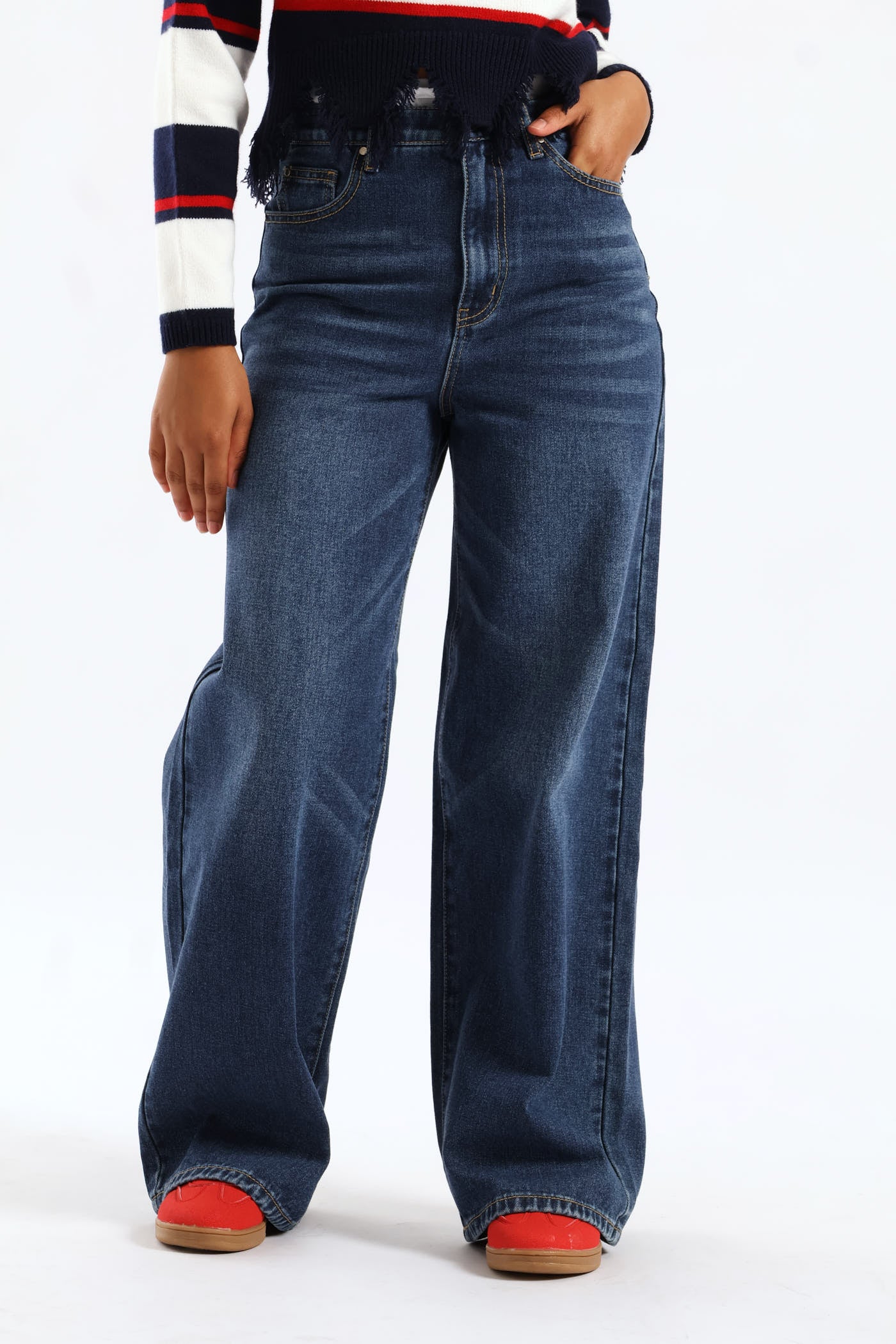 Girls Double Waistband Wideleg Denim Jean - Dark Blue - Image 2