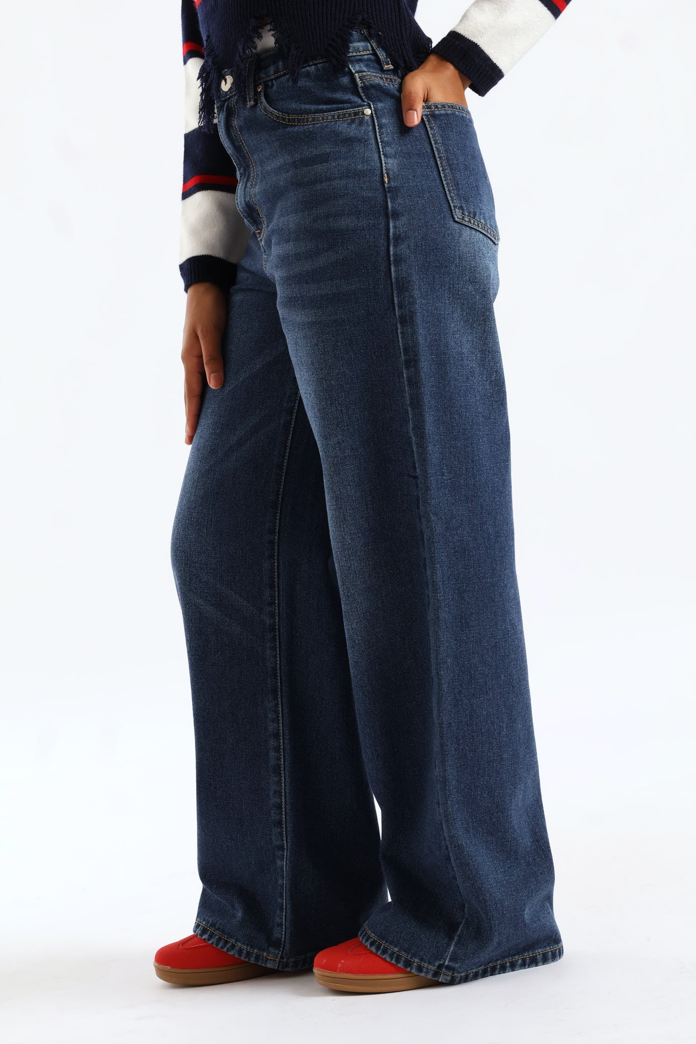 Girls Double Waistband Wideleg Denim Jean - Dark Blue - Image 3
