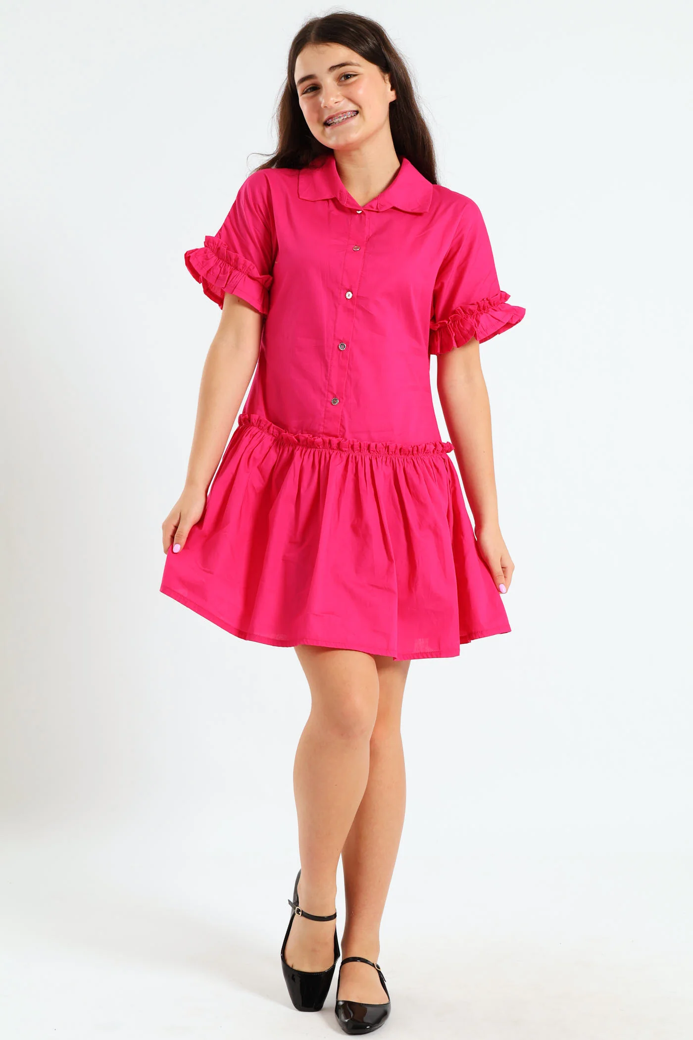 Girls Drop Tier Dress - Cerise - Image 2