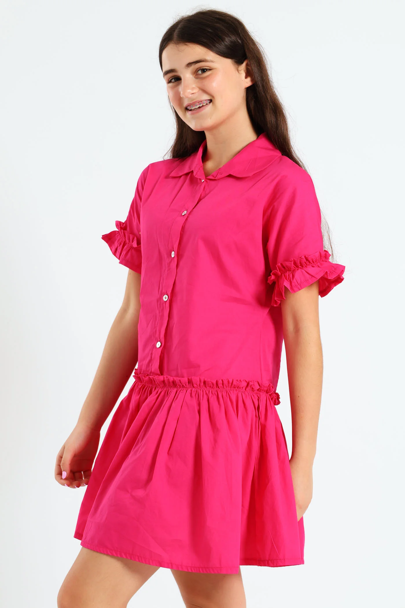 Girls Drop Tier Dress - Cerise - Image 3