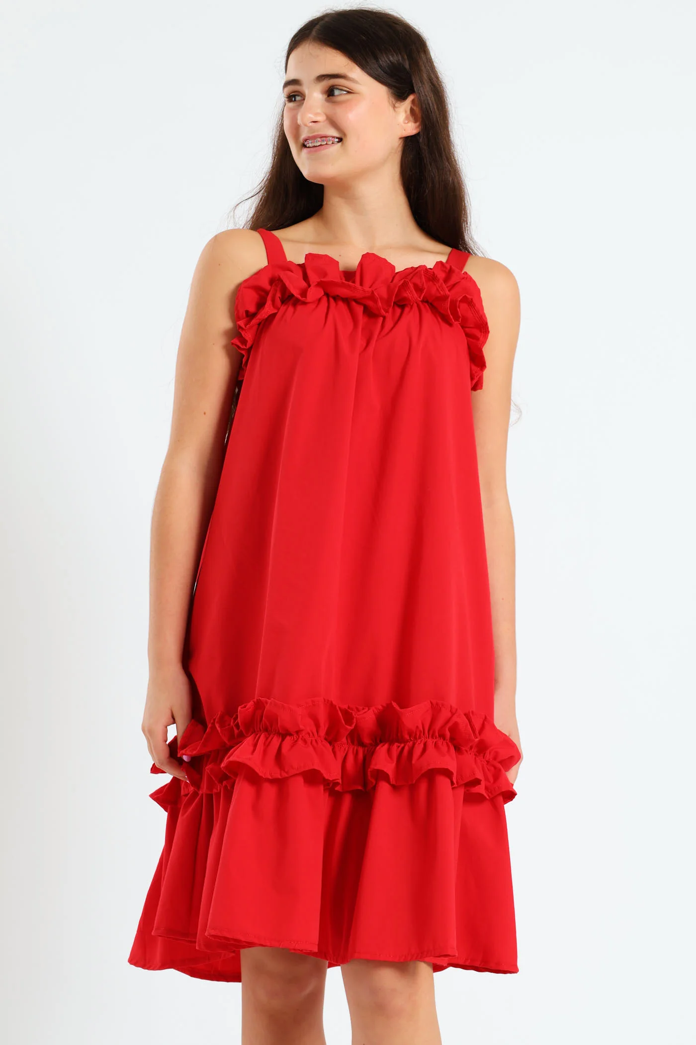 Girls Drop Tier Frilly Dress - Red - Image 3