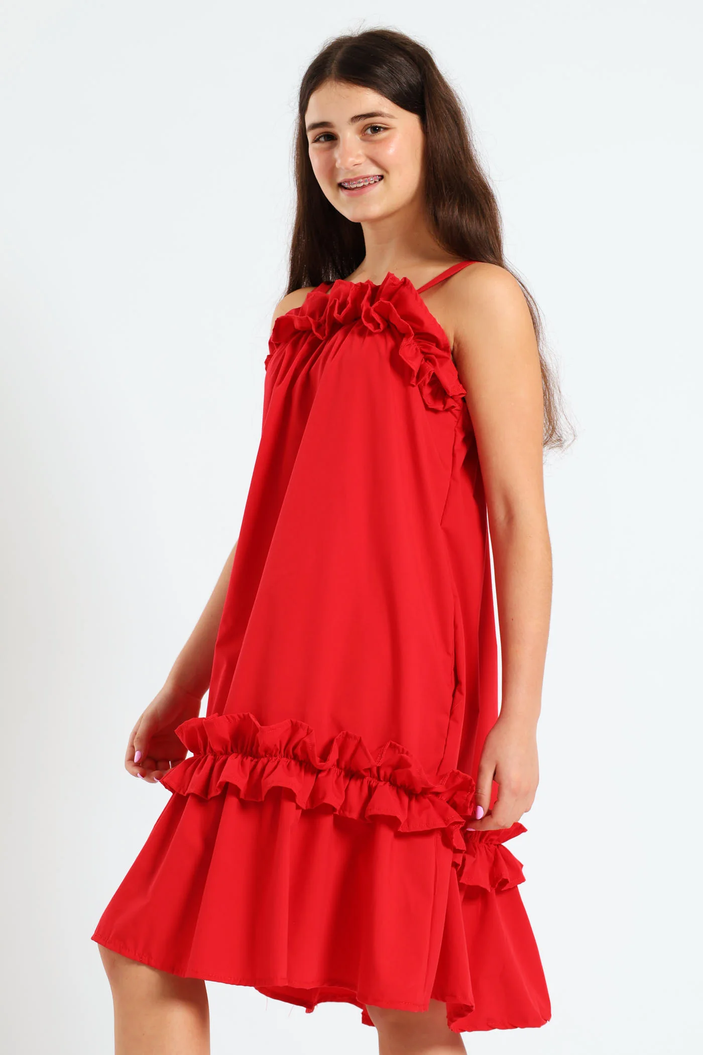 Girls Drop Tier Frilly Dress - Red - Image 4