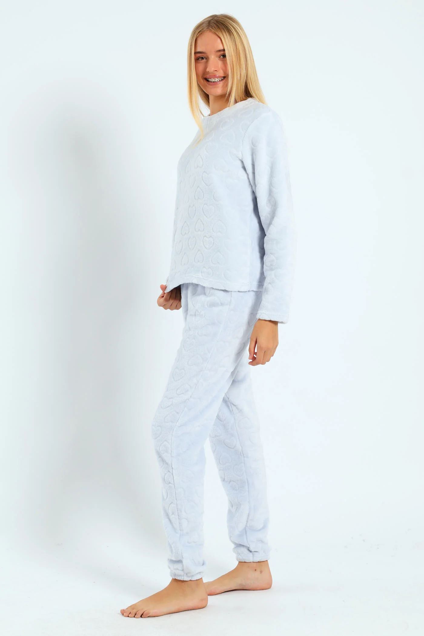 Girls Embossed Heart Coral Fleece Sleep Set - Blue - Image 2