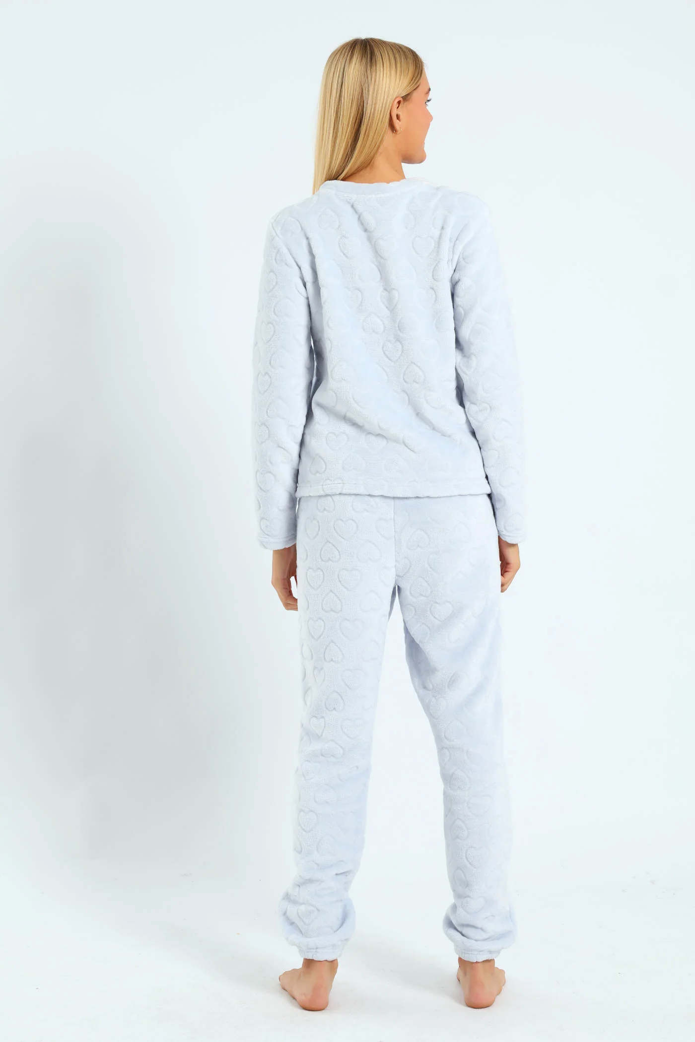 Girls Embossed Heart Coral Fleece Sleep Set - Blue - Image 3
