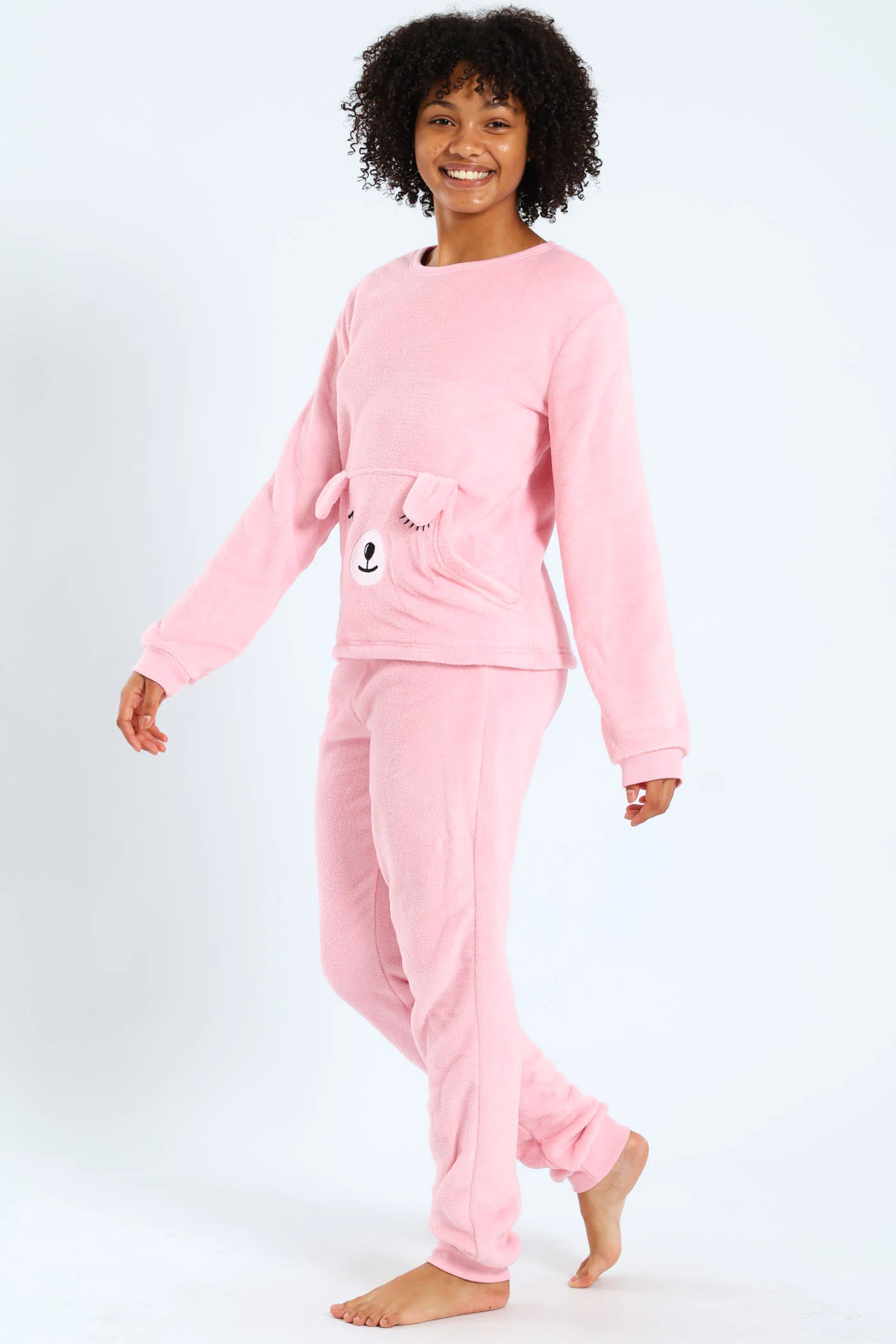 Girls Embroidered Bear Pocket Sleepwear - Pink - Image 2