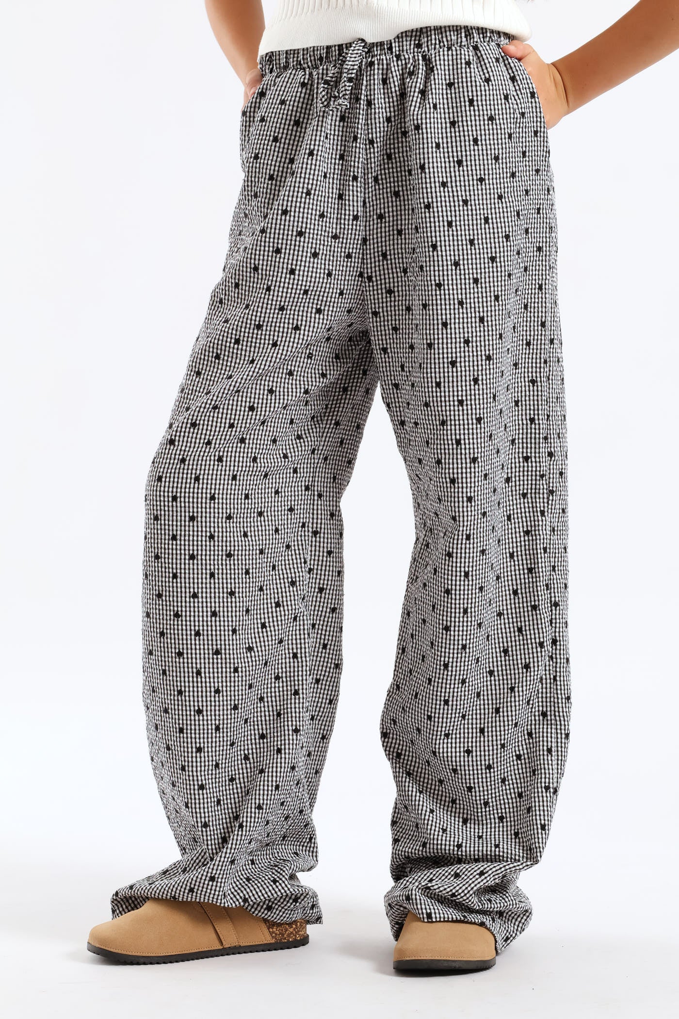 Girls Embroidered Heart Check Pull On Pants - Black/White - Image 3