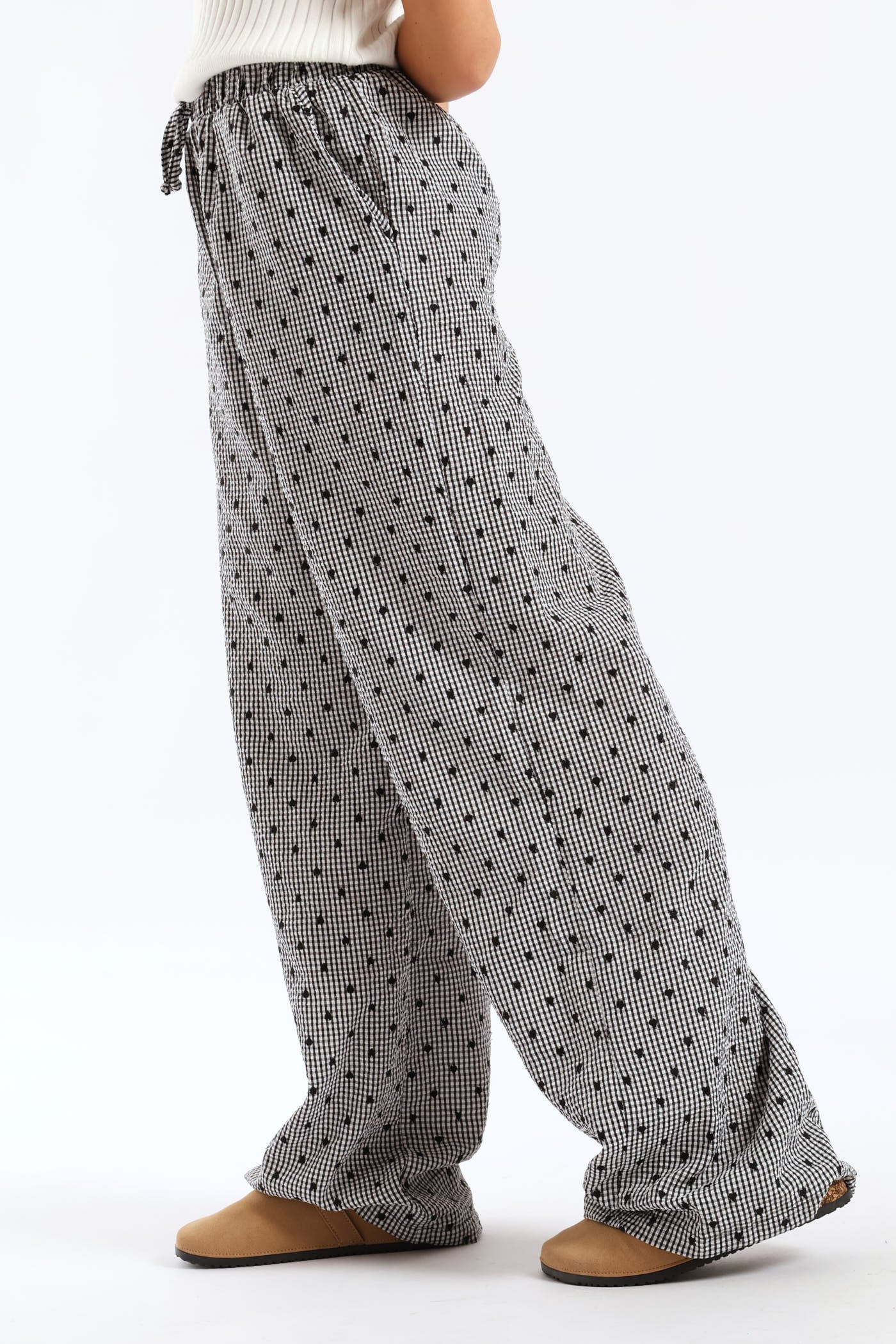 Girls Embroidered Heart Check Pull On Pants - Black/White - Image 4