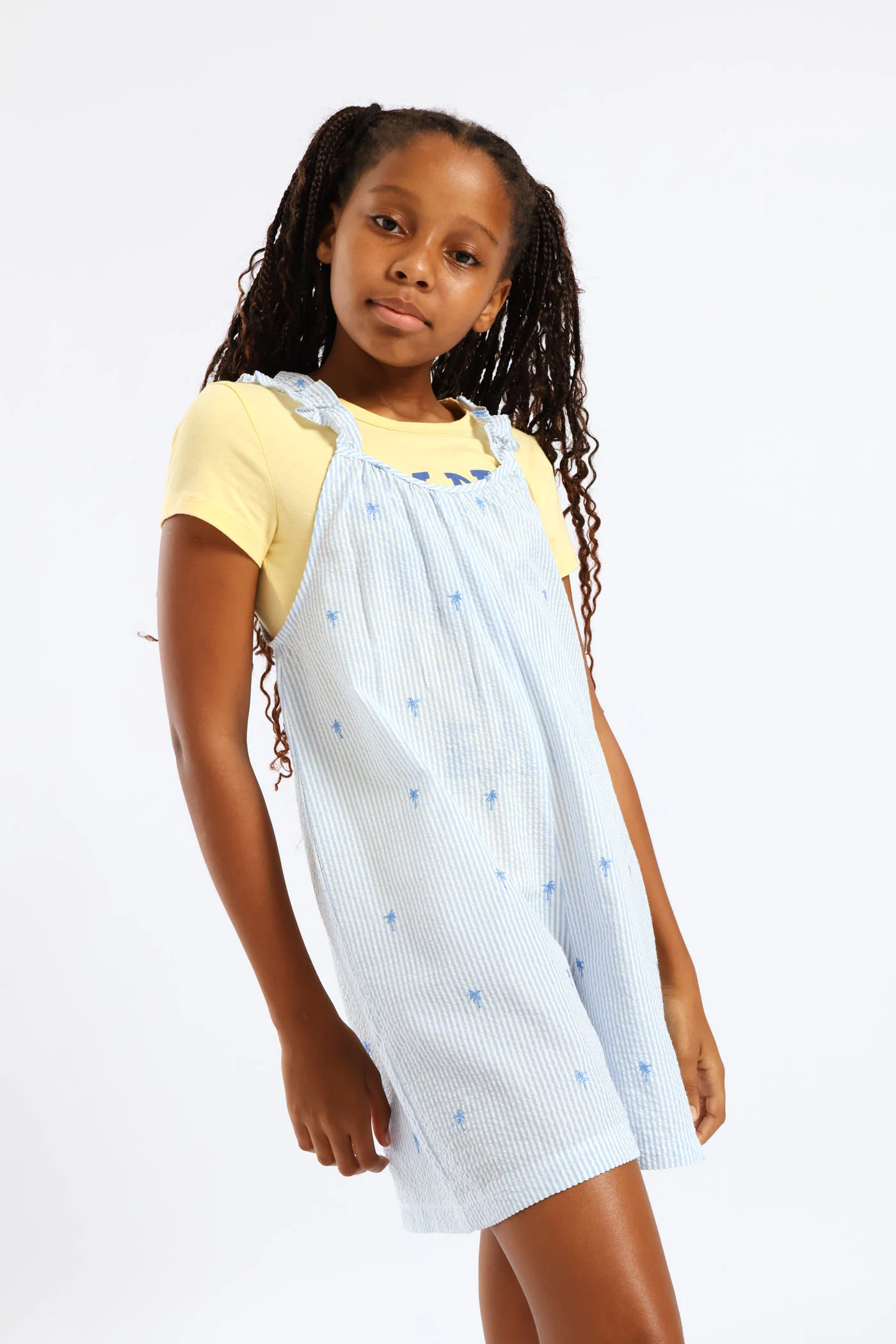 Girls Embroidered Palm Stripe Loose Fit Playsuit - Blue - Image 3