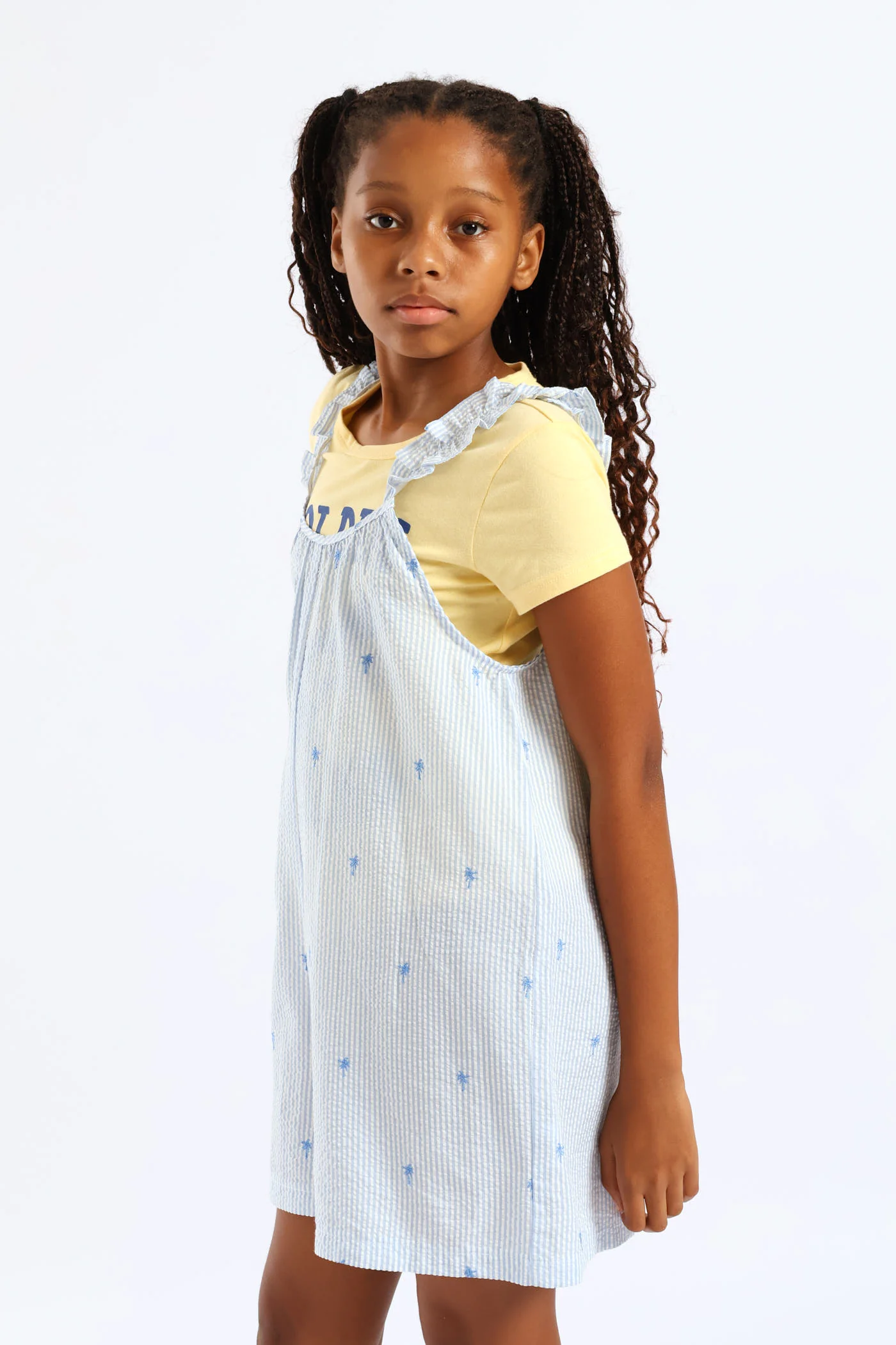 Girls Embroidered Palm Stripe Loose Fit Playsuit - Blue - Image 4