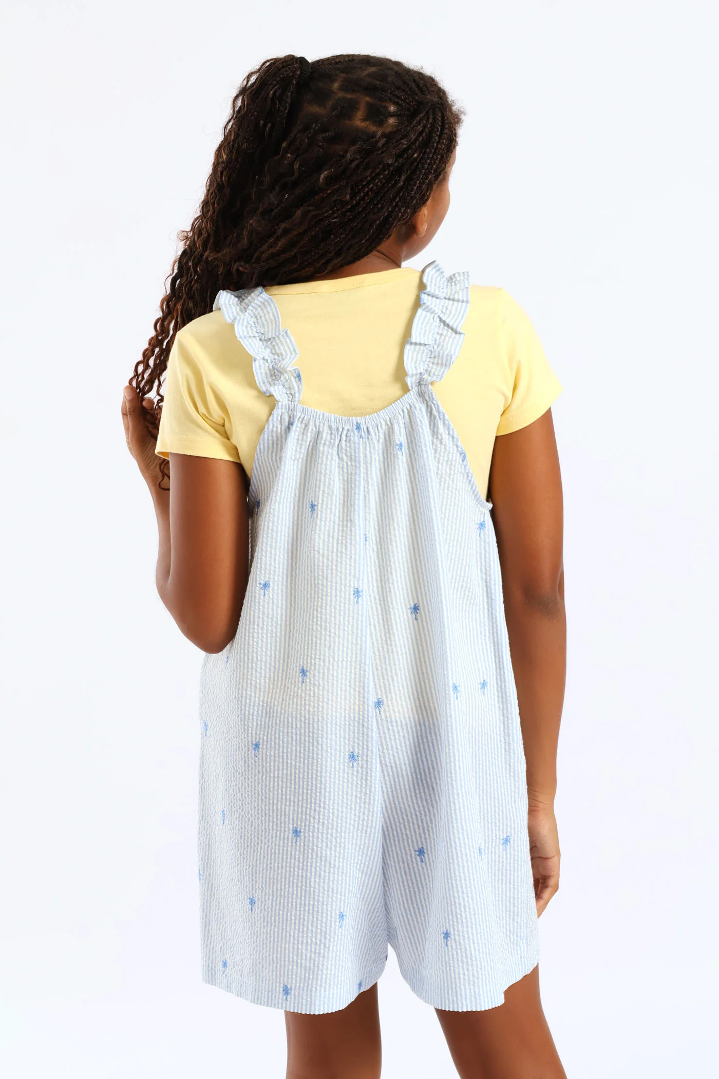 Girls Embroidered Palm Stripe Loose Fit Playsuit - Blue - Image 5