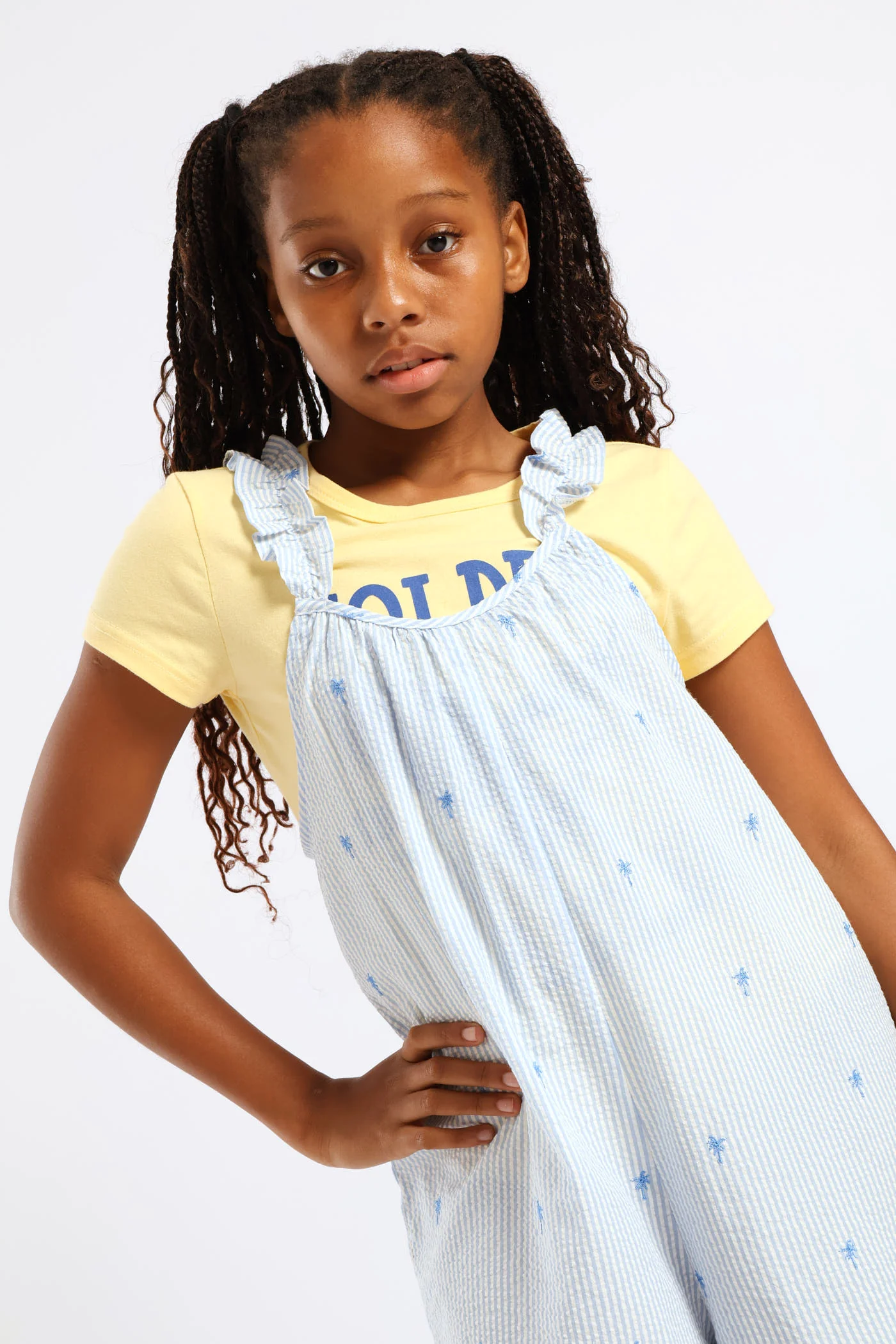 Girls Embroidered Palm Stripe Loose Fit Playsuit - Blue - Image 6
