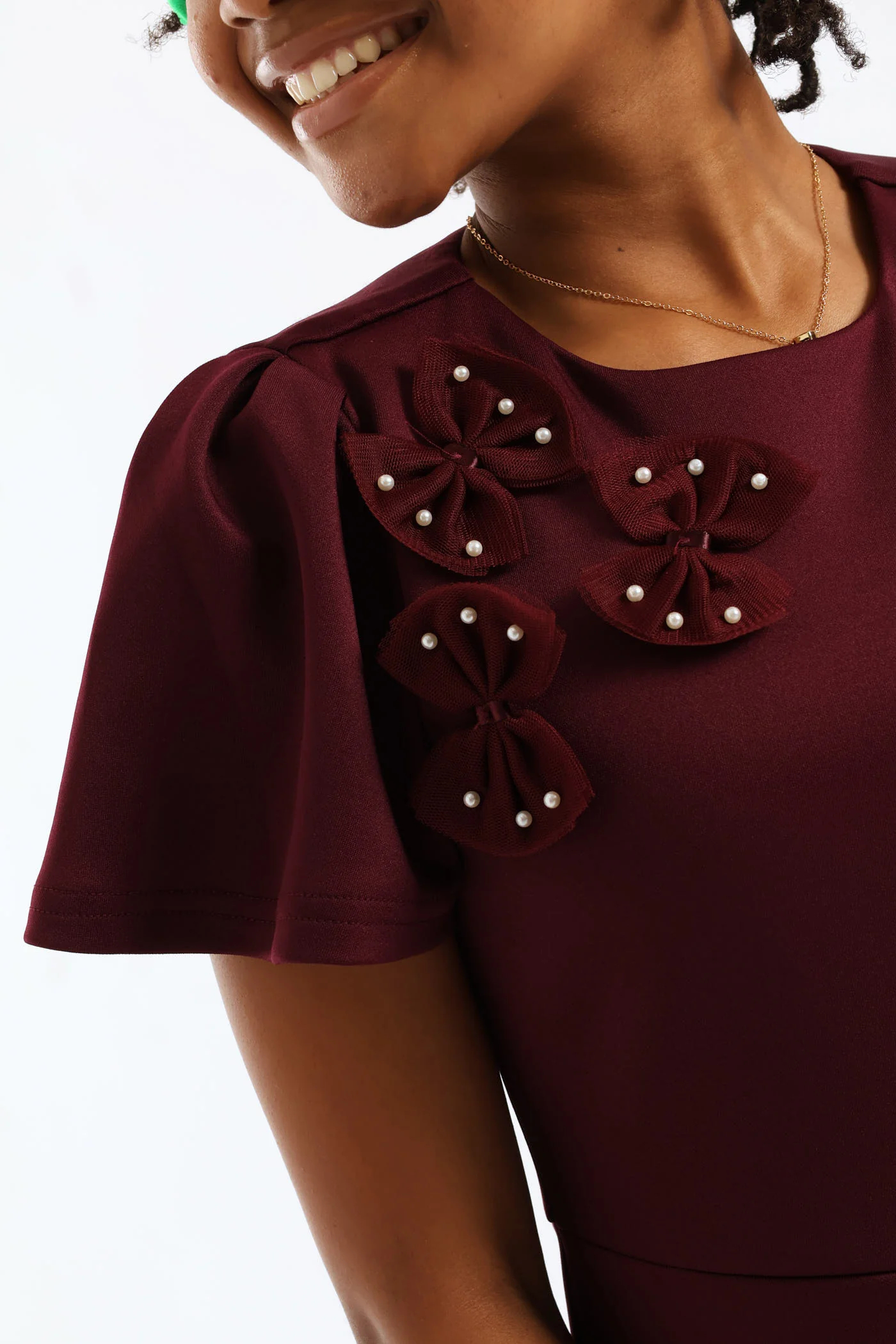 Girls Fit & Flare Puff Sleeve Occasion Dress - Burgandy - Image 2