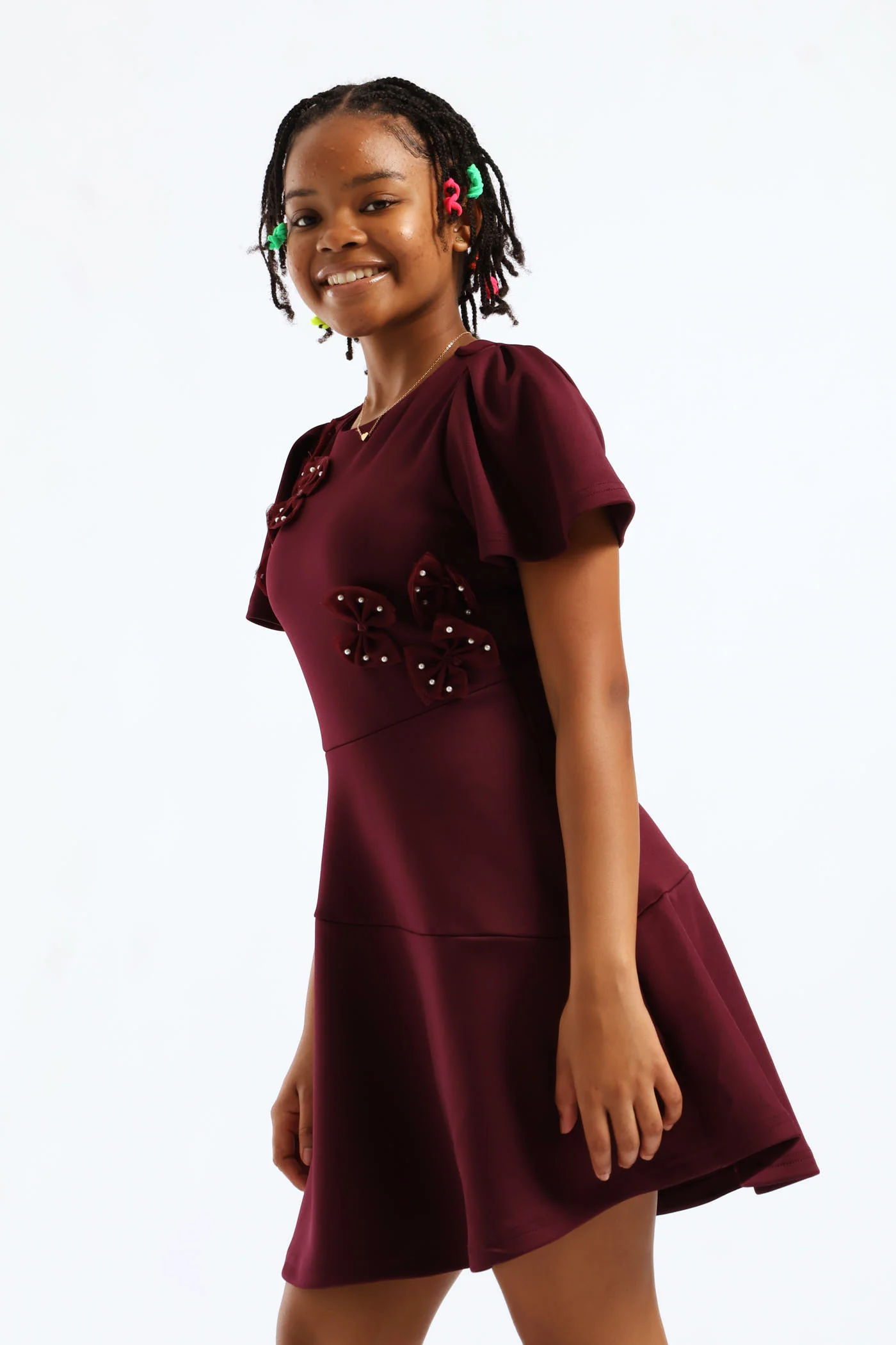Girls Fit & Flare Puff Sleeve Occasion Dress - Burgandy - Image 3
