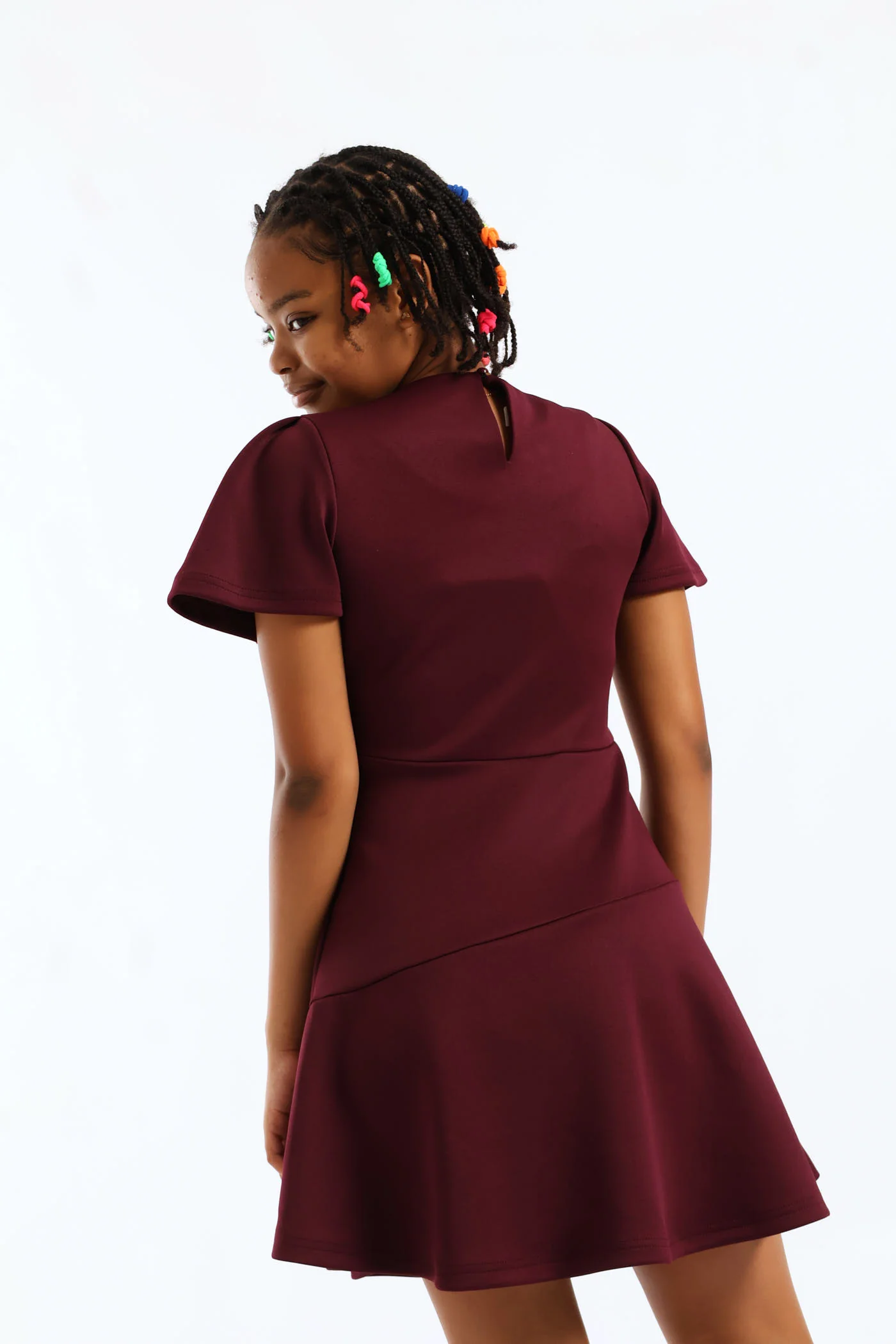 Girls Fit & Flare Puff Sleeve Occasion Dress - Burgandy - Image 4