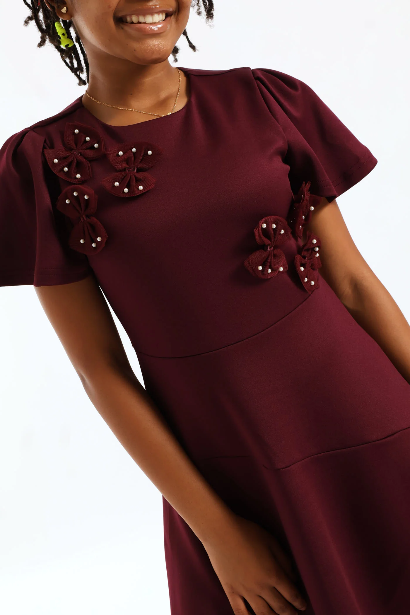 Girls Fit & Flare Puff Sleeve Occasion Dress - Burgandy - Image 5