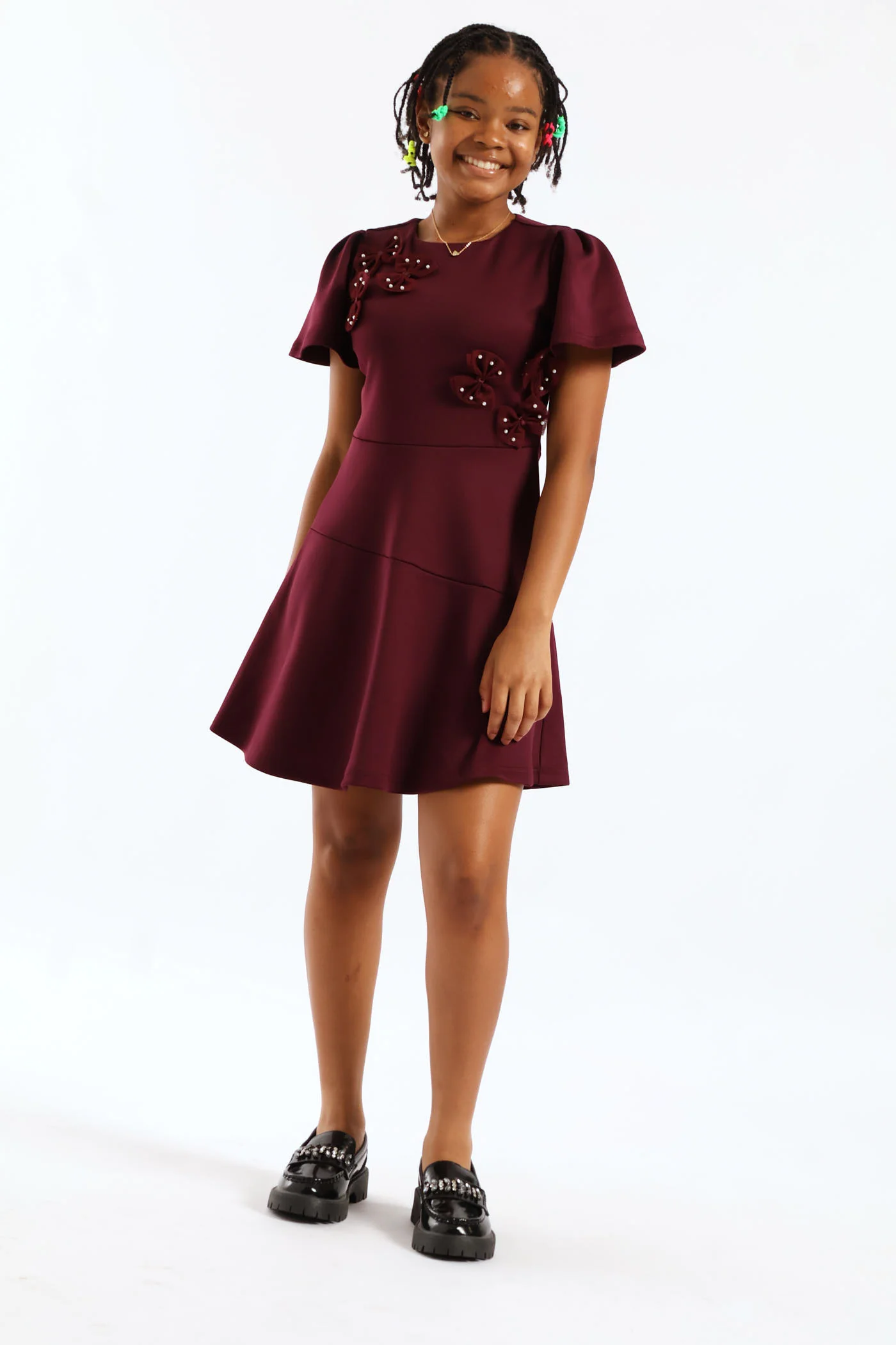 Girls Fit & Flare Puff Sleeve Occasion Dress - Burgandy - Image 6