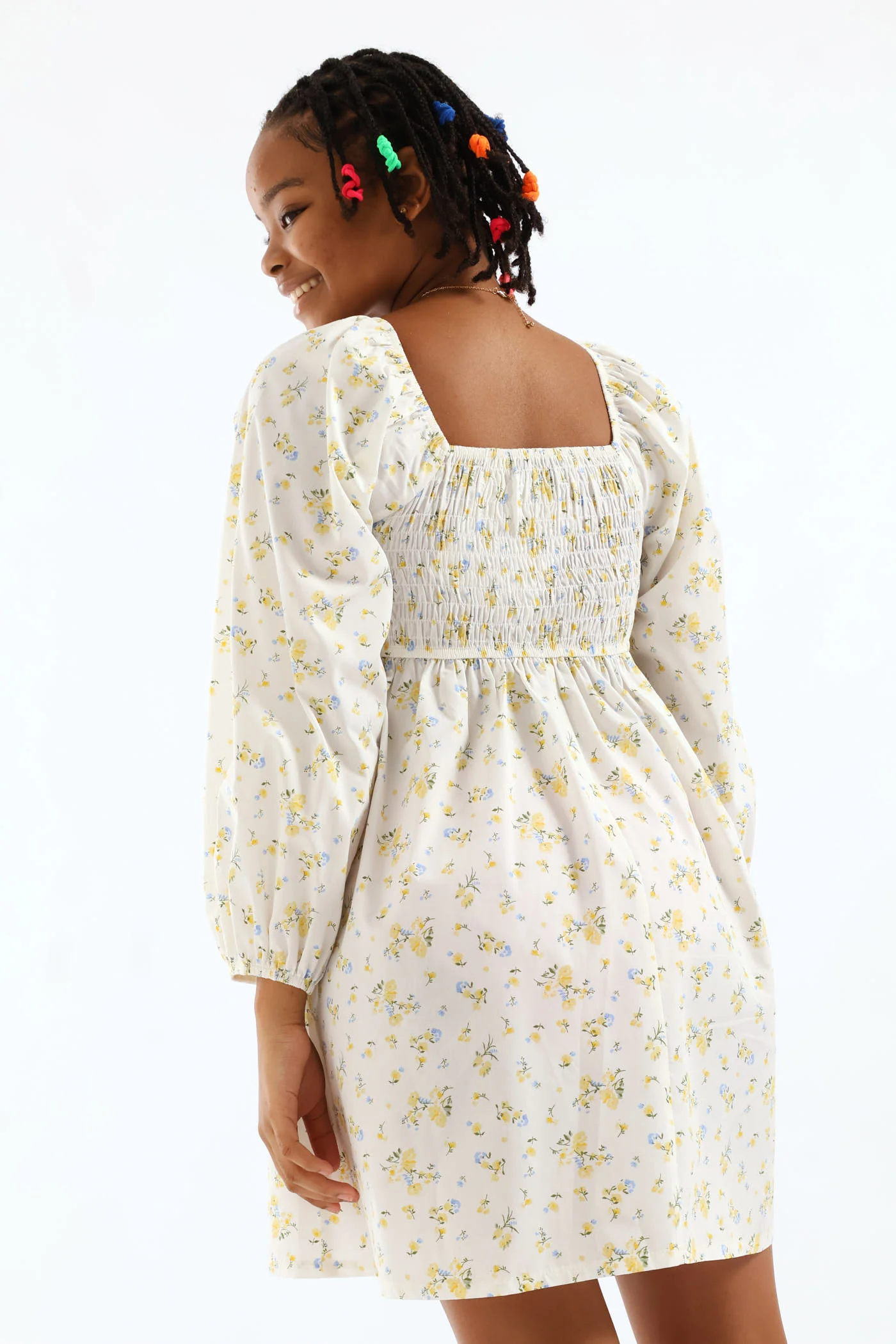 Girls Floral Ruched Bodice Babydoll Dress - Image 3